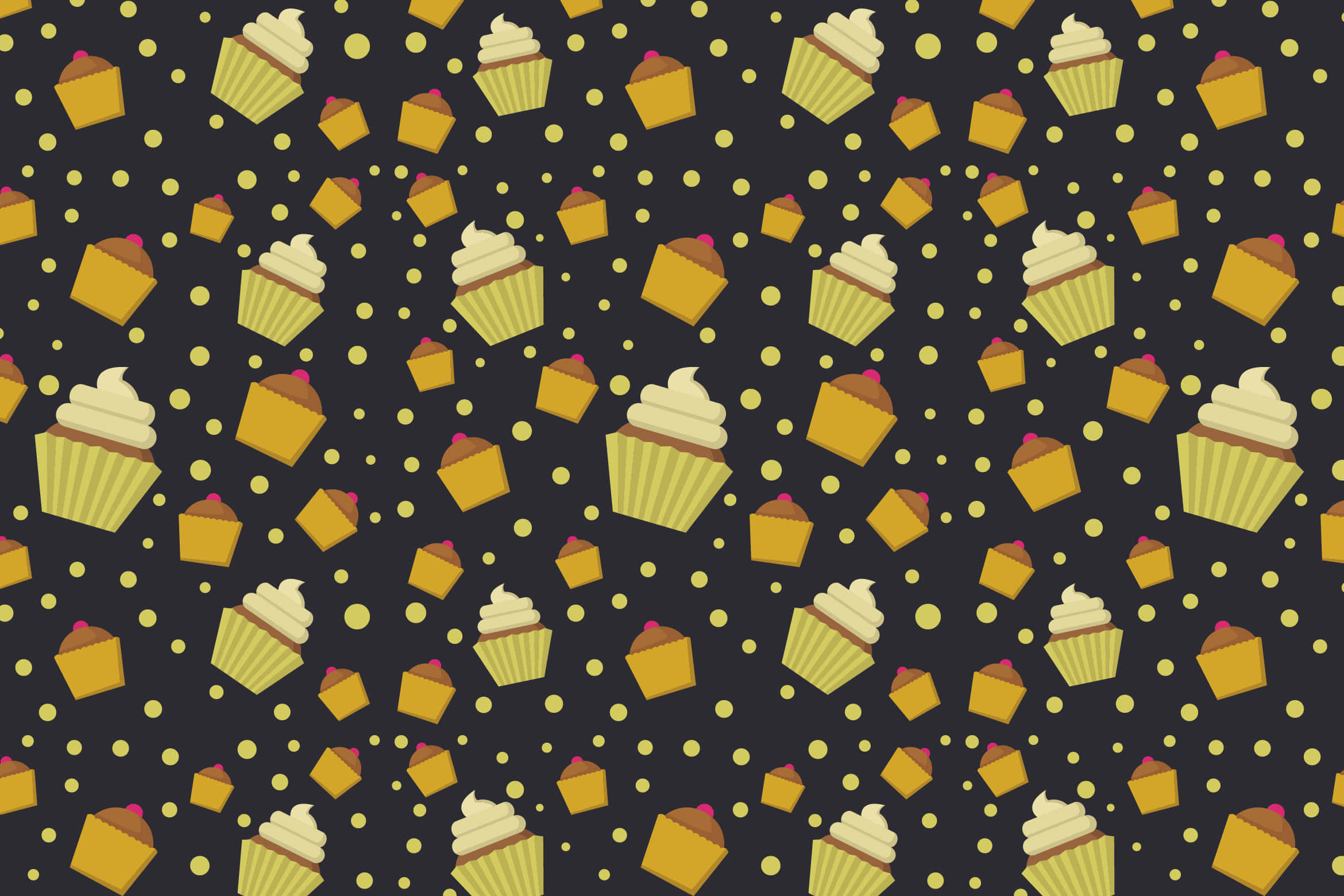 cupcake, yellow cupcake icons, golden polka dots, Full HD Desktop Wallpaper