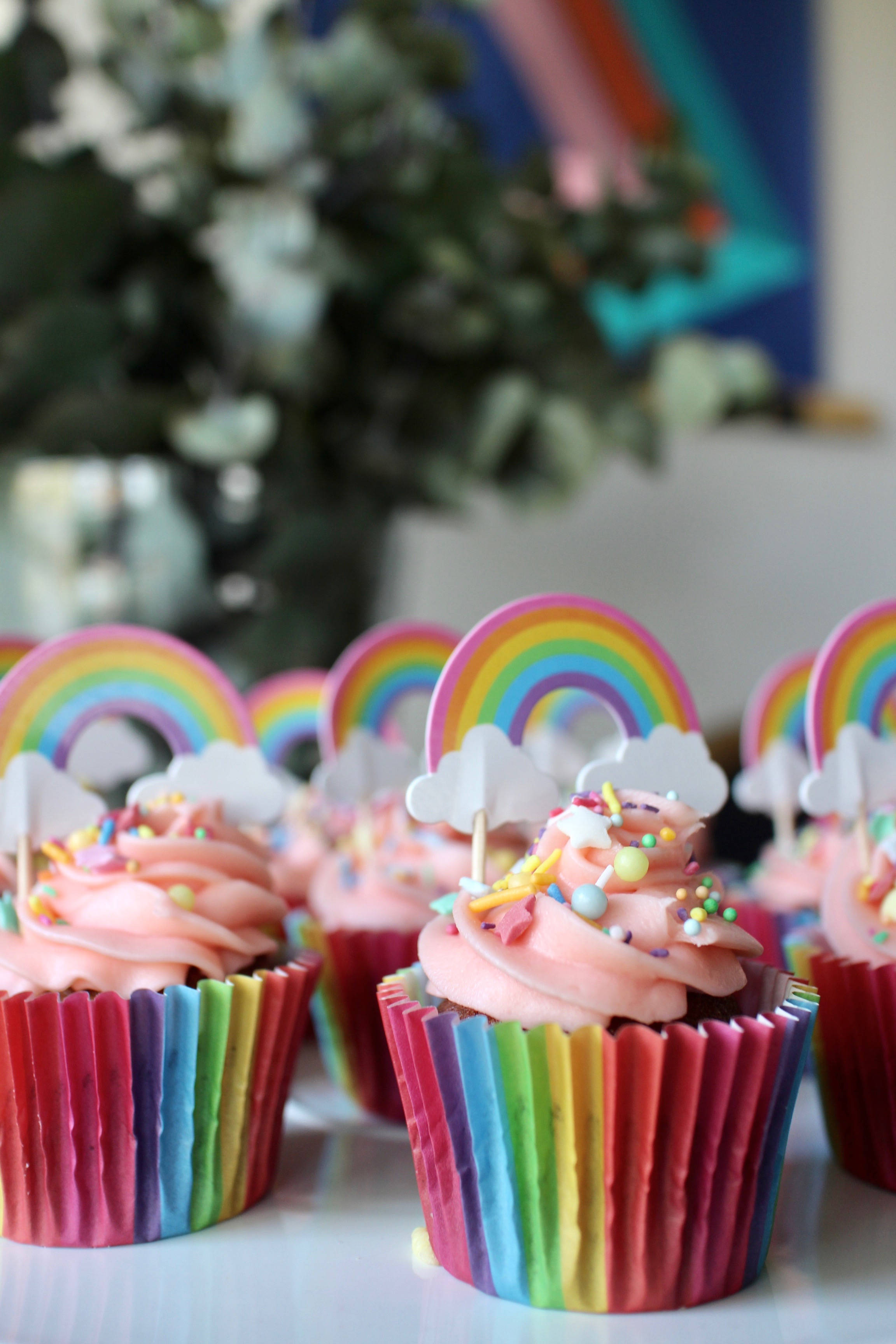 rainbow cupcake, pink frosting, rainbow toppers, 2K Phone Wallpaper