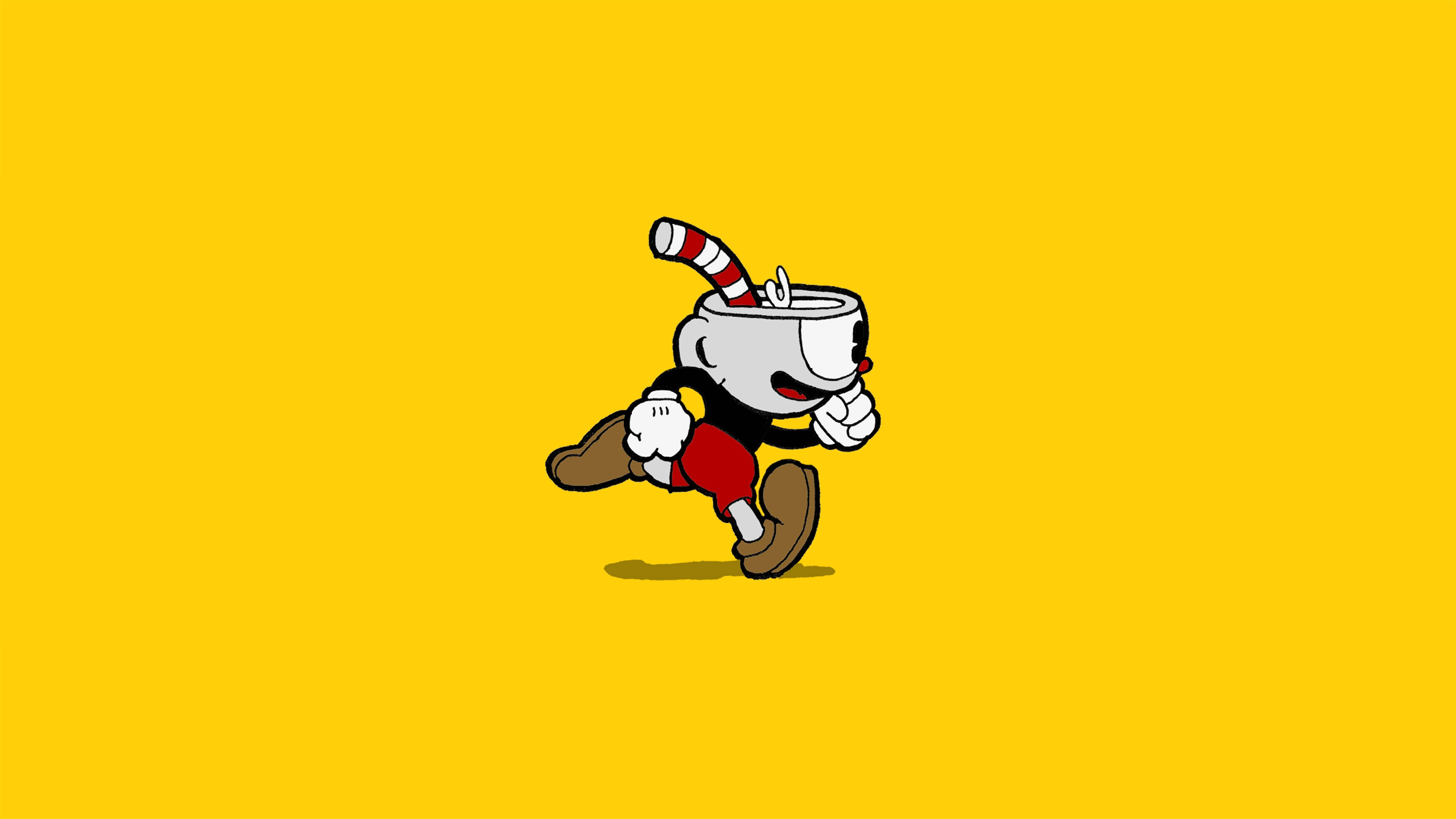 Cuphead, red and white striped straw, yellow background, 4K Desktop Wallpaper