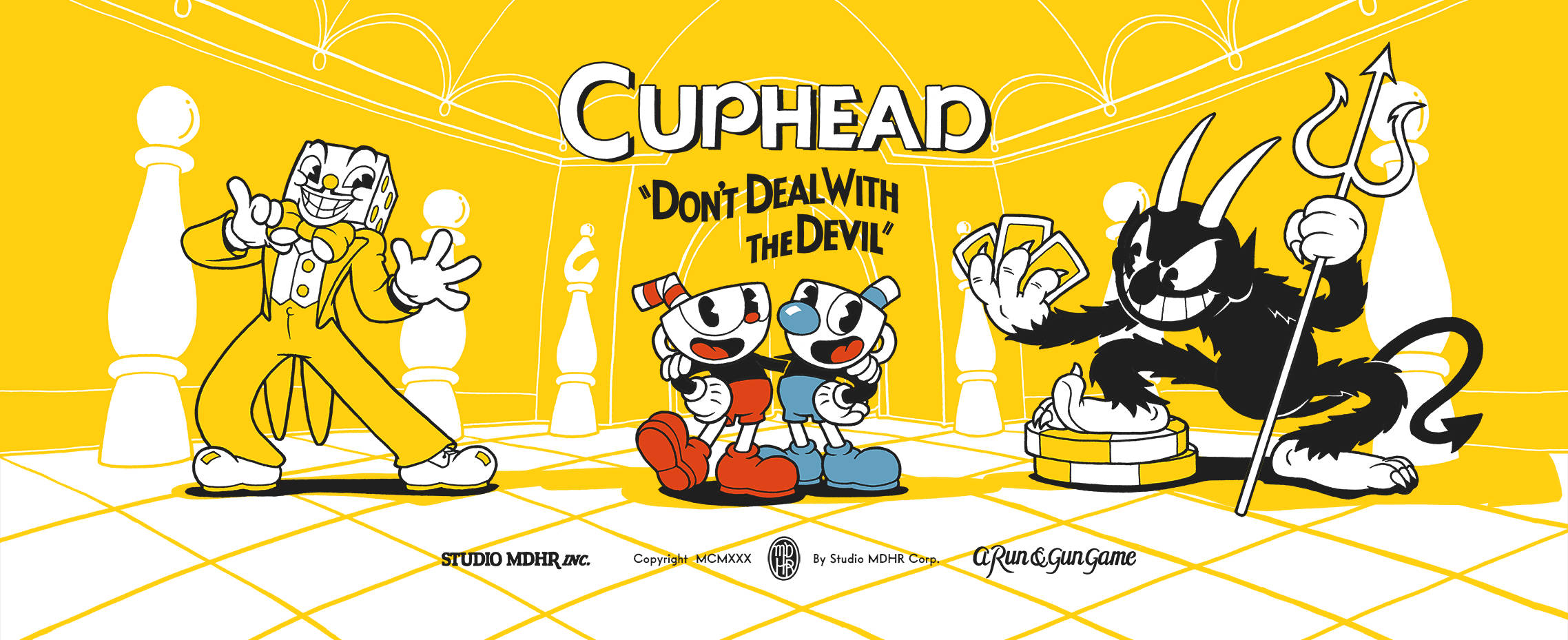Cuphead, yellow checkered room, devil holding cards, Full HD Desktop Wallpaper