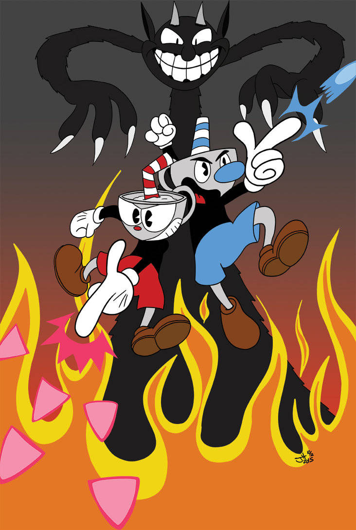 Cuphead, red and blue outfits, black cat monster, SD Phone Wallpaper