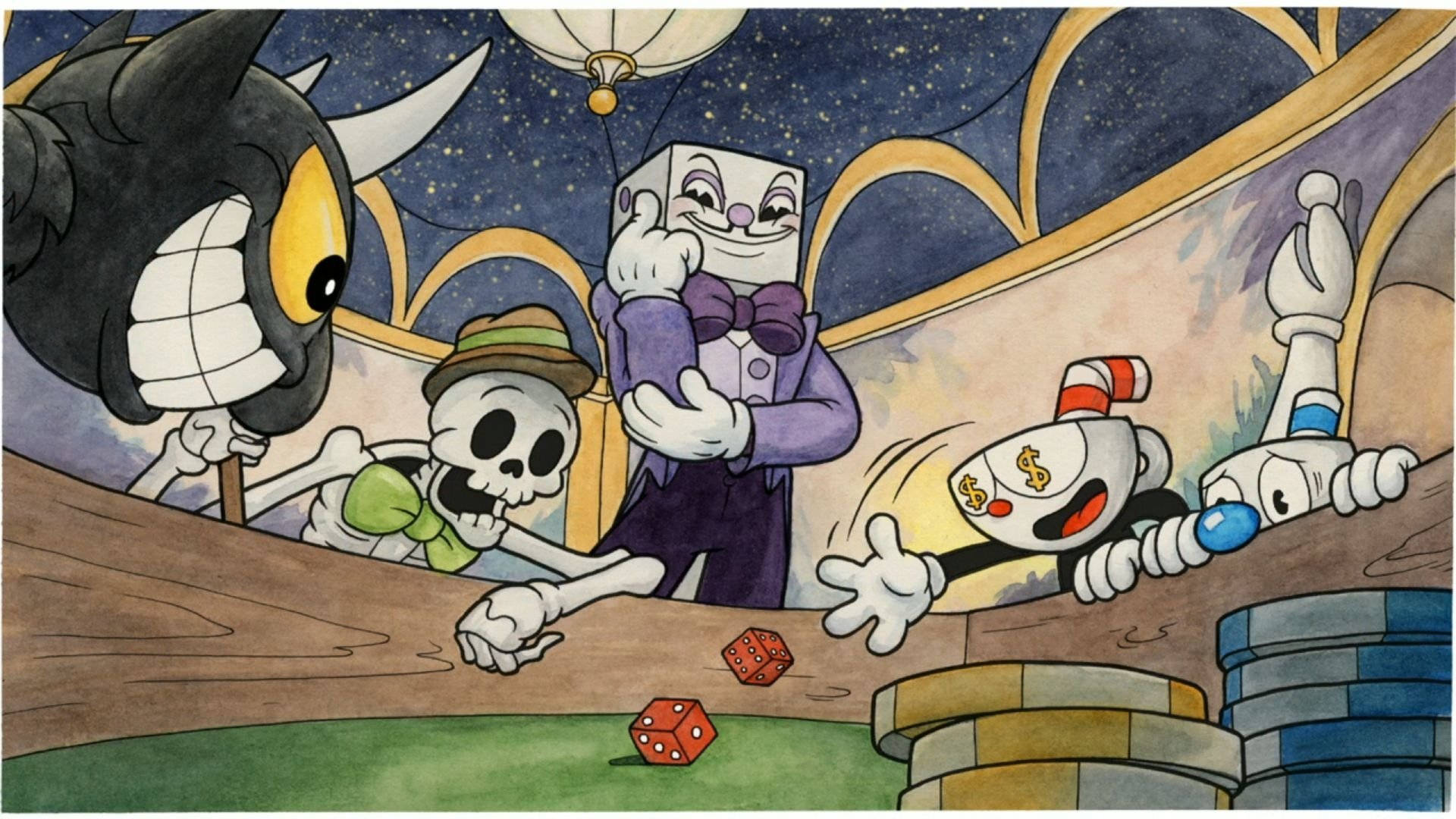 Cuphead, casino, starry night sky, Full HD Desktop Wallpaper