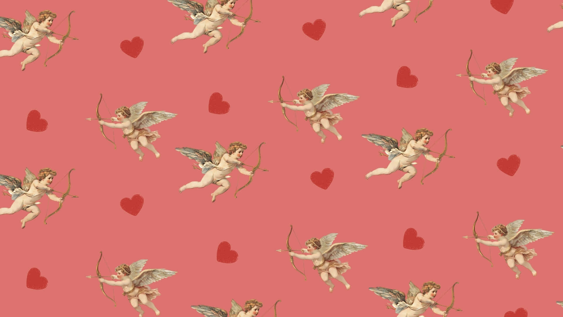Cupid Arrow Pattern, pink background, repeating vintage-style cherubs, Full HD Desktop Wallpaper