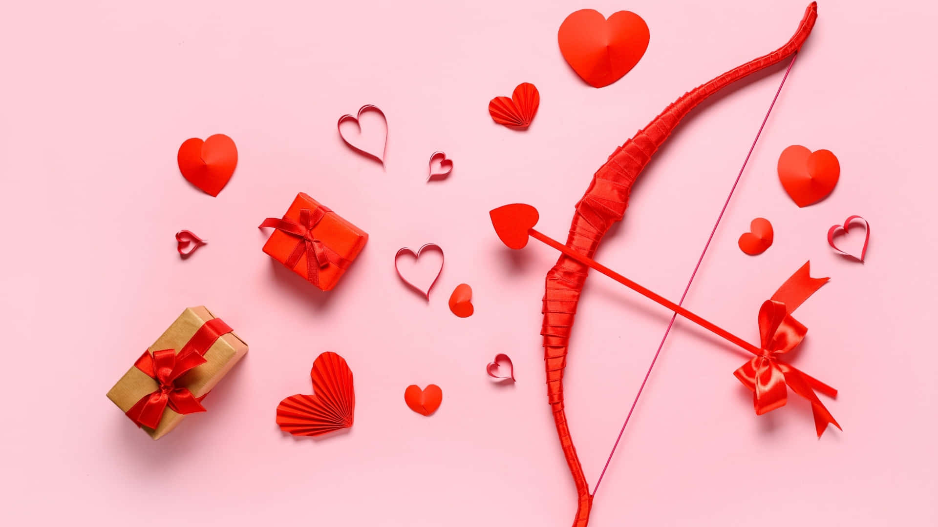 Cupid Arrow, red paper bow and arrow, heart-shaped arrowhead, Full HD Desktop Wallpaper
