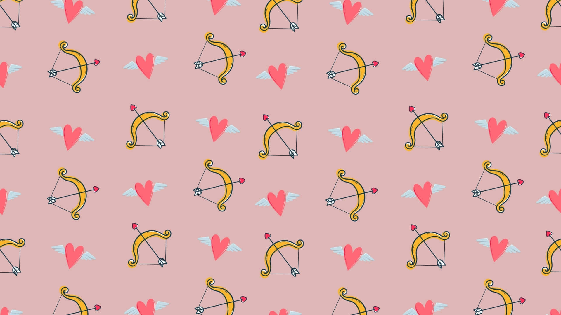 Cupid Arrow Pattern, golden love arrows, pink hearts, Full HD Desktop Wallpaper