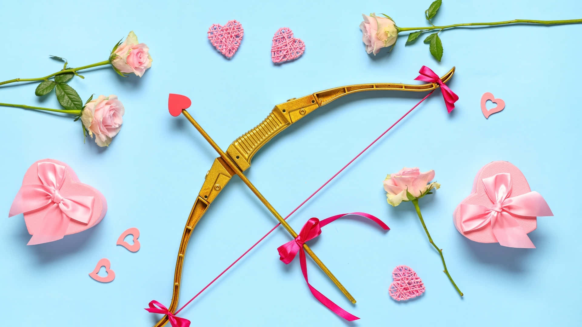 Cupid Arrow, pink roses, heart decorations, Full HD Desktop Wallpaper
