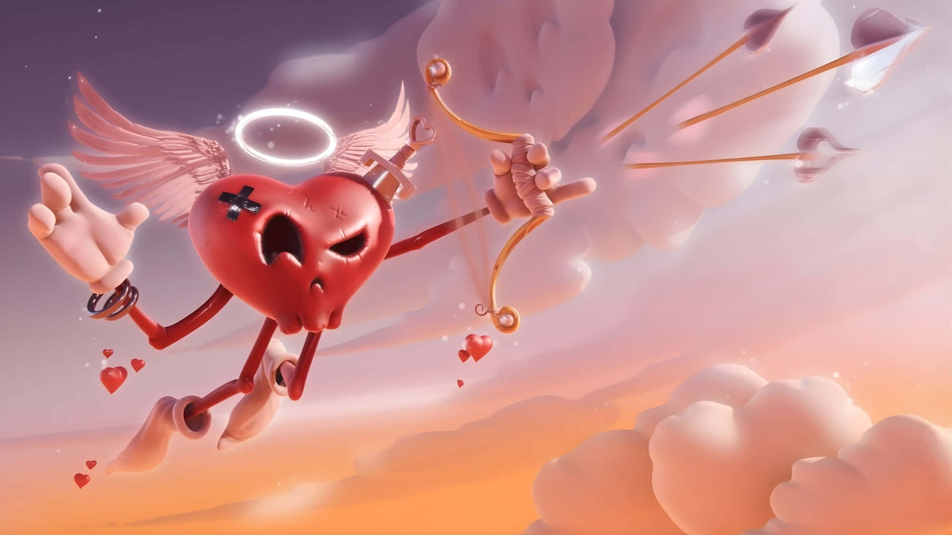 Cupid Arrow Heart Character, red heart, wings, Full HD Desktop Wallpaper