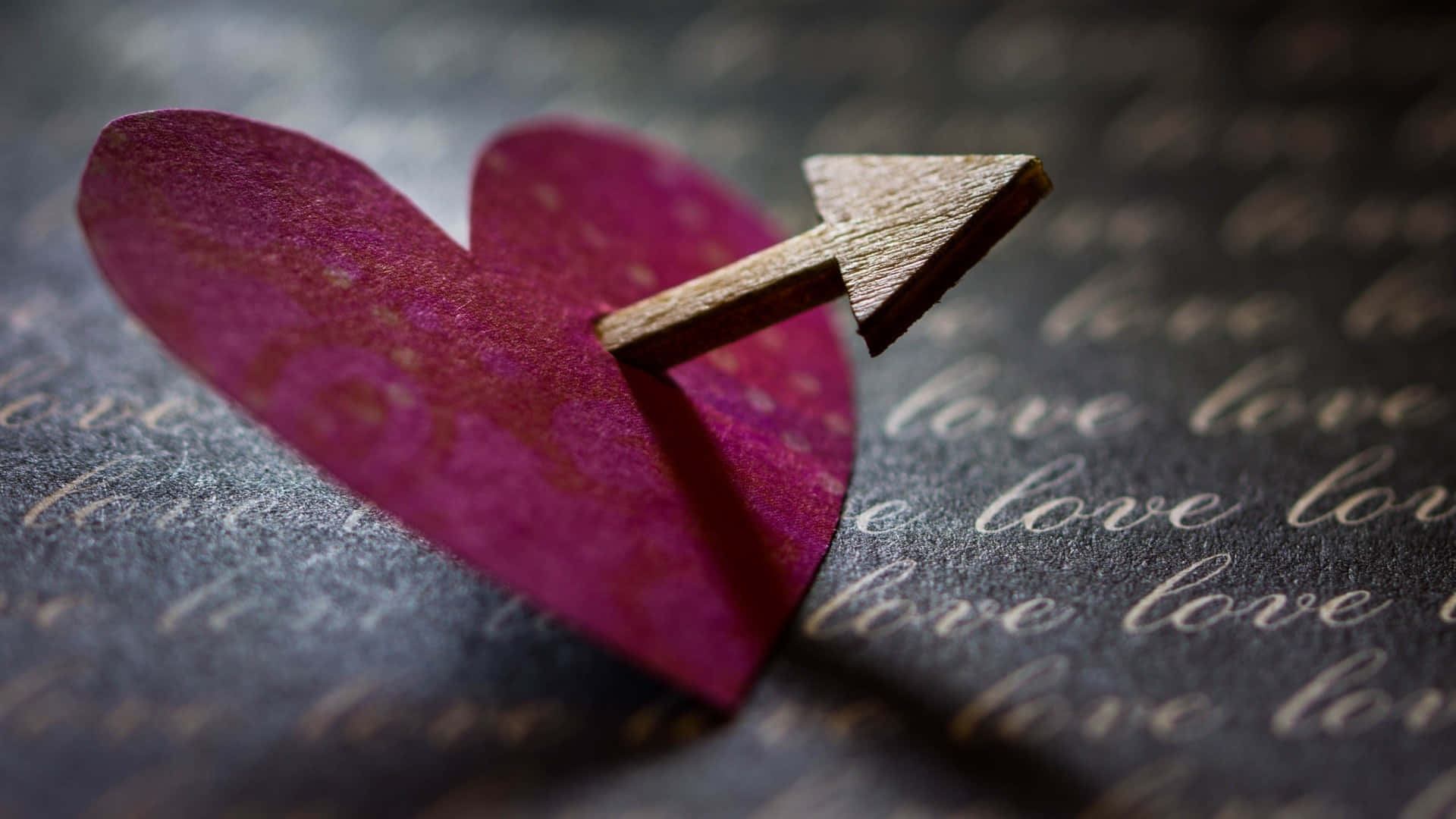 Cupid Arrow, wooden arrow, textured magenta paper heart, Full HD Desktop Wallpaper