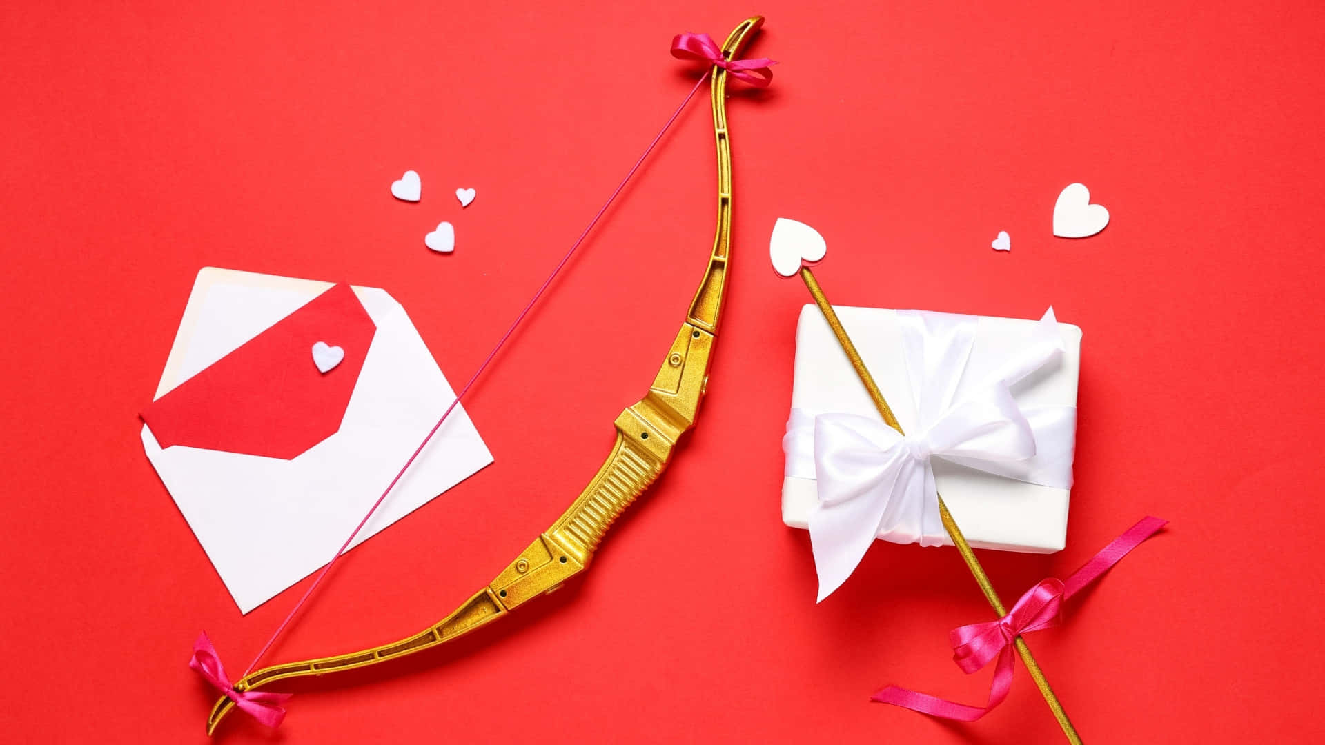 Cupid Arrow, pink ribbons, white gift box, Full HD Desktop Wallpaper