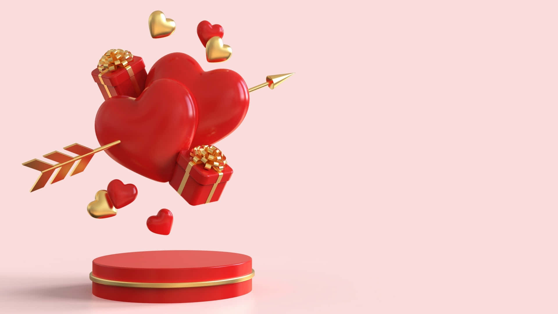 Cupid Arrow, glossy red heart, golden arrow, Full HD Desktop Wallpaper