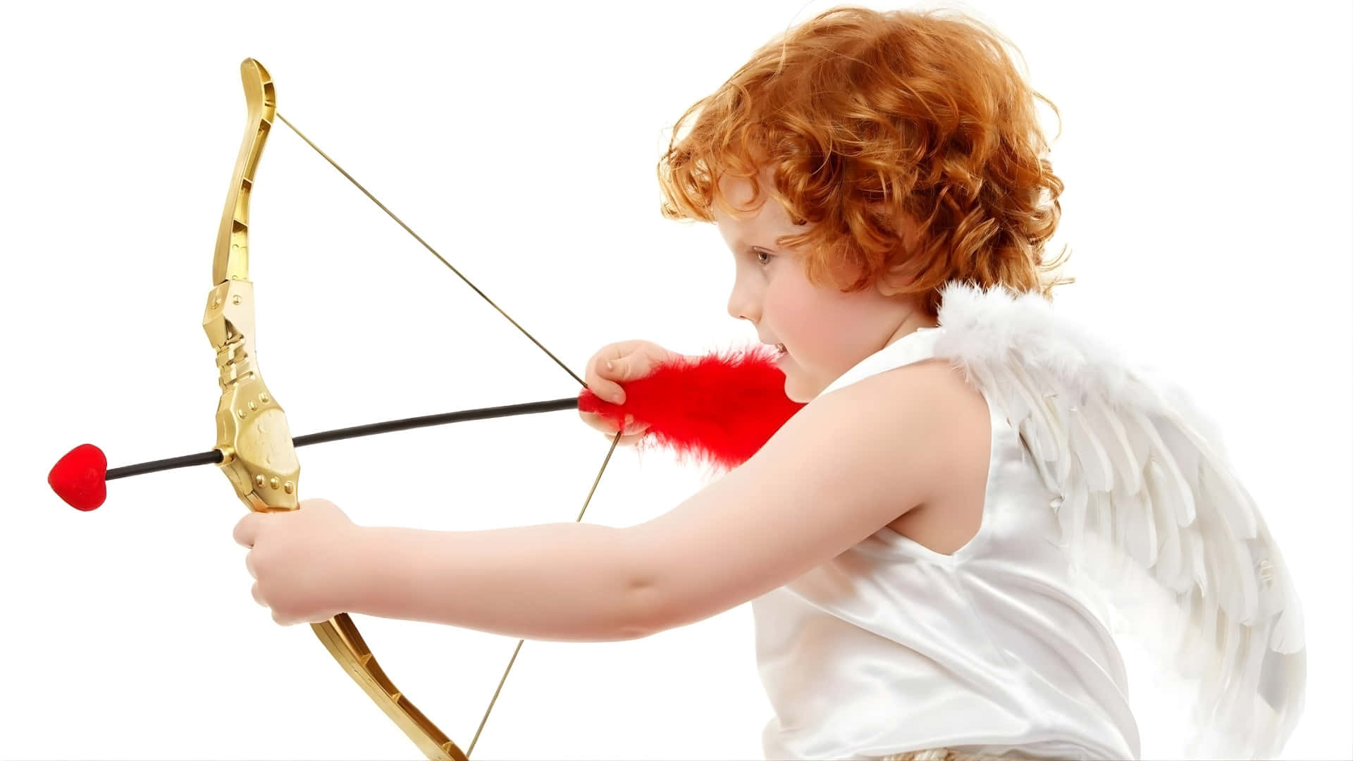 Cupid, golden bow, red heart arrow, Full HD Desktop Wallpaper