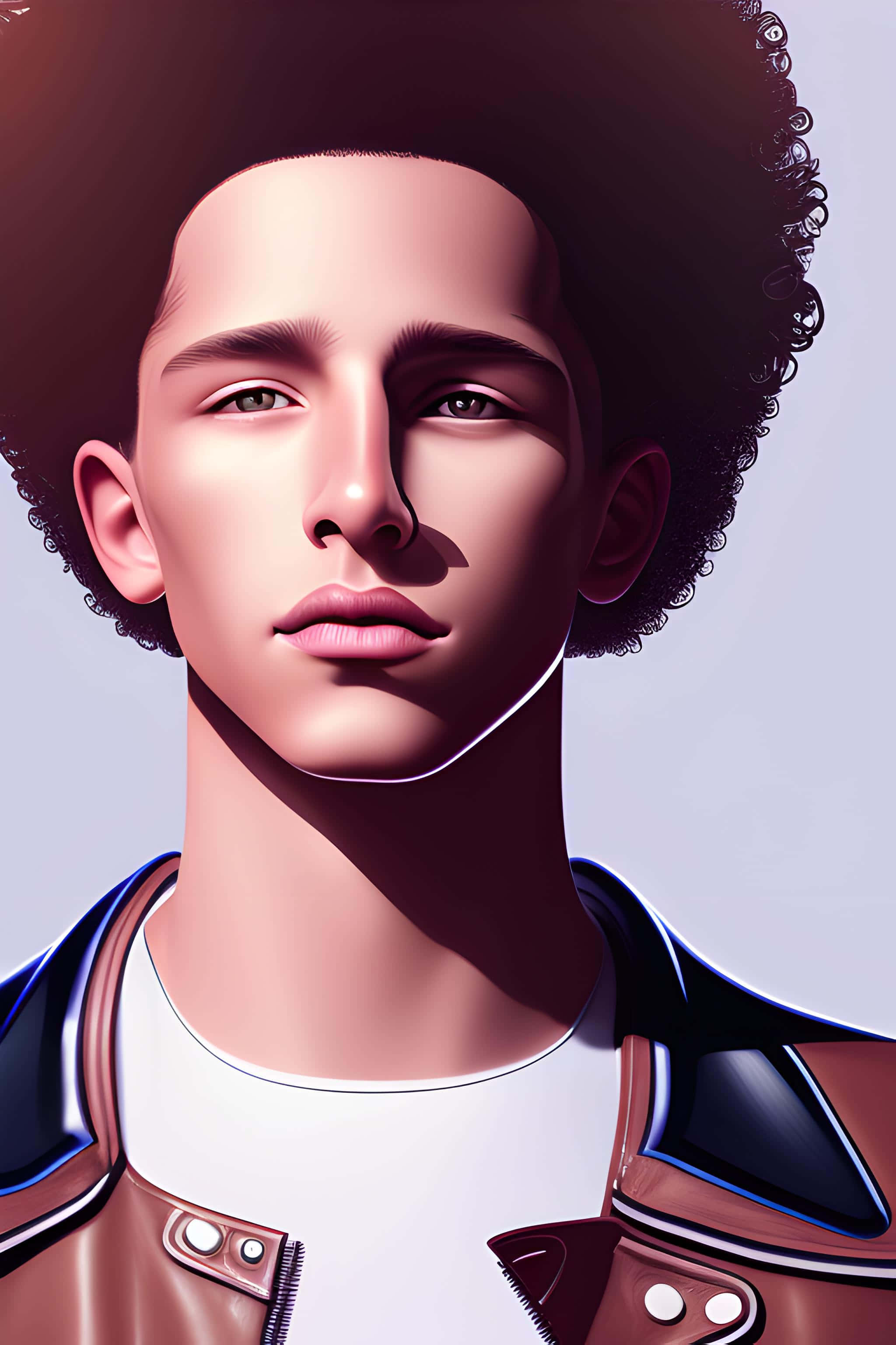 voluminous afro, brown leather jacket, dramatic lighting, 2K Phone Wallpaper