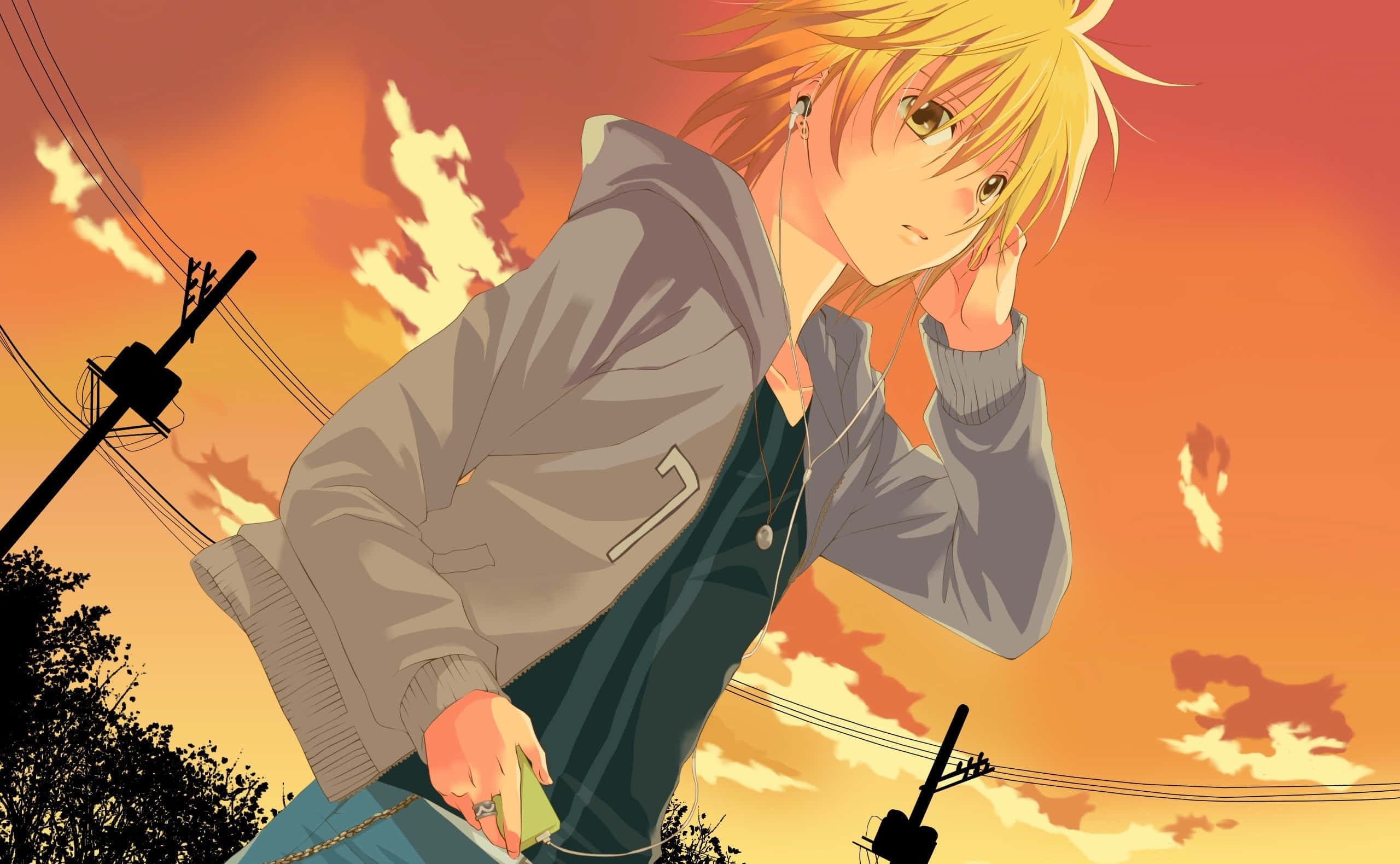 blonde anime boy, grey hoodie, fiery orange sunset, 2K Desktop Wallpaper