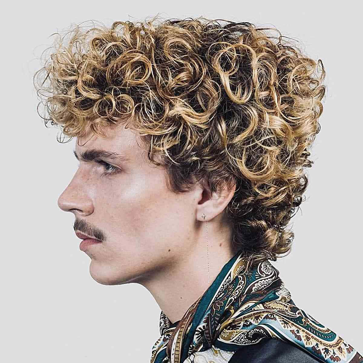 curly blonde hair, mustache, patterned scarf, SD Desktop Wallpaper
