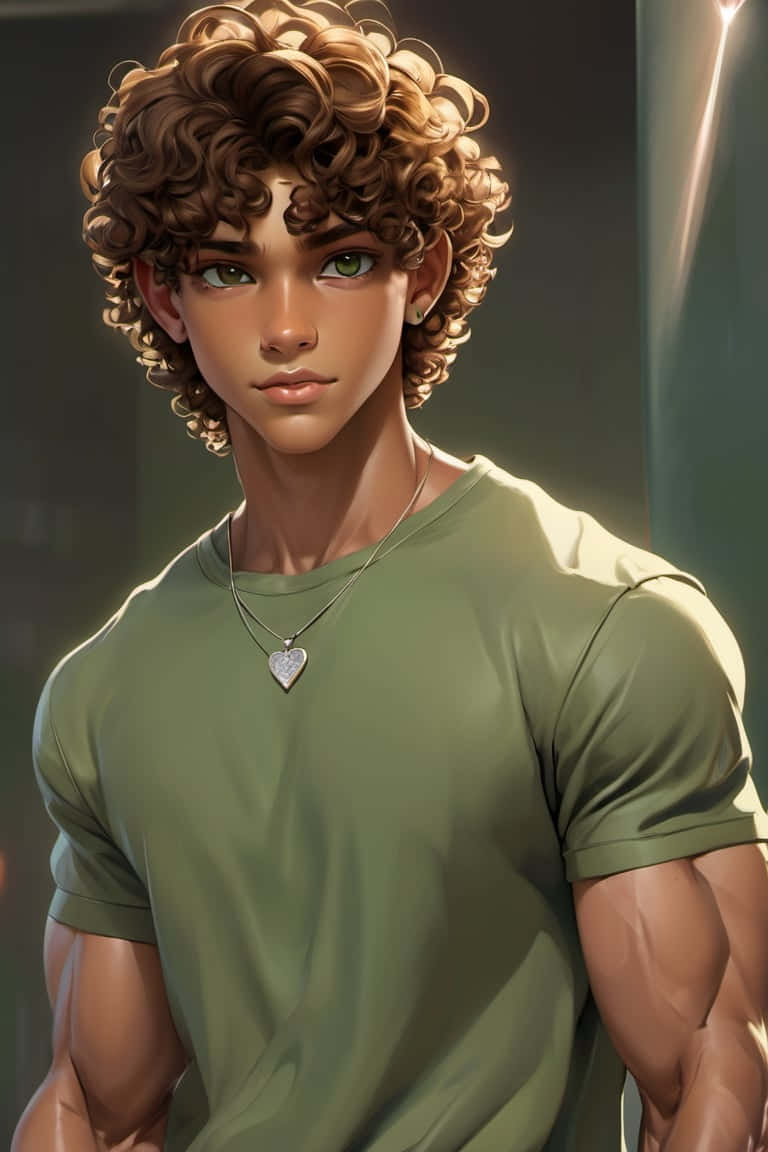 curly brown hair, green eyes, olive t-shirt, SD Phone Wallpaper
