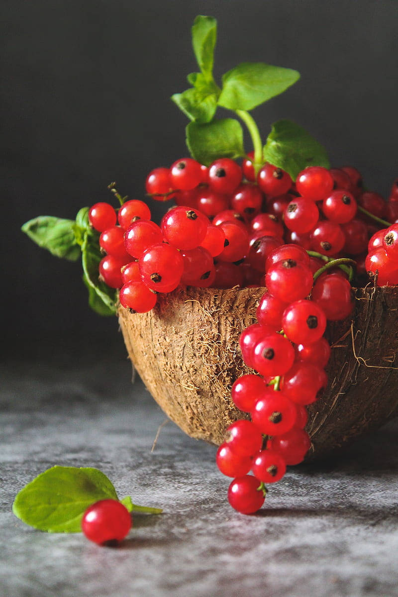 red currant berries, coconut bowl, fresh green mint leaves, SD Phone Wallpaper