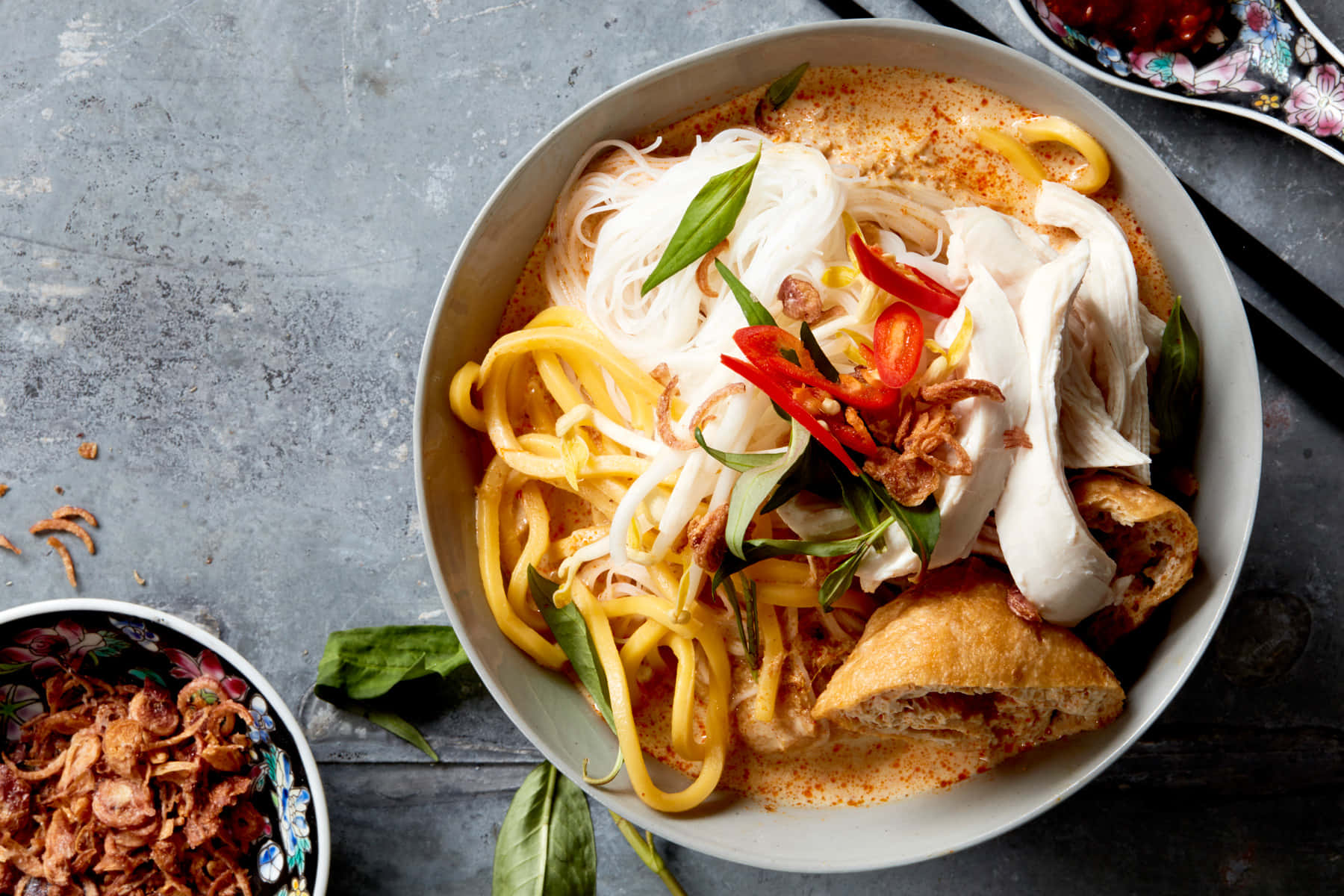 Curry Laksa, shredded chicken, red chilies, HD Desktop Wallpaper