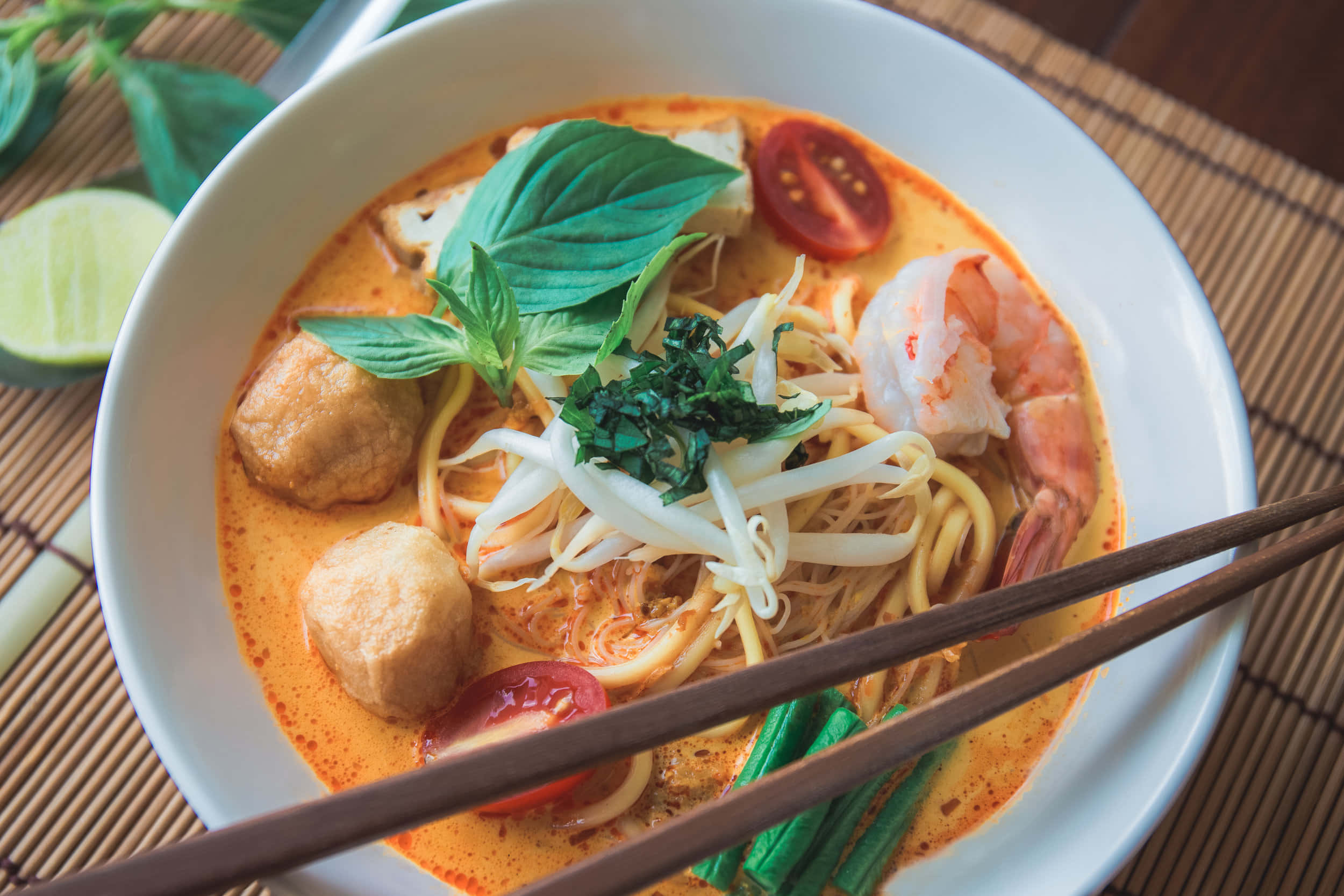 Curry Laksa, steaming bowl, vibrant orange curry noodle soup, Full HD Desktop Wallpaper