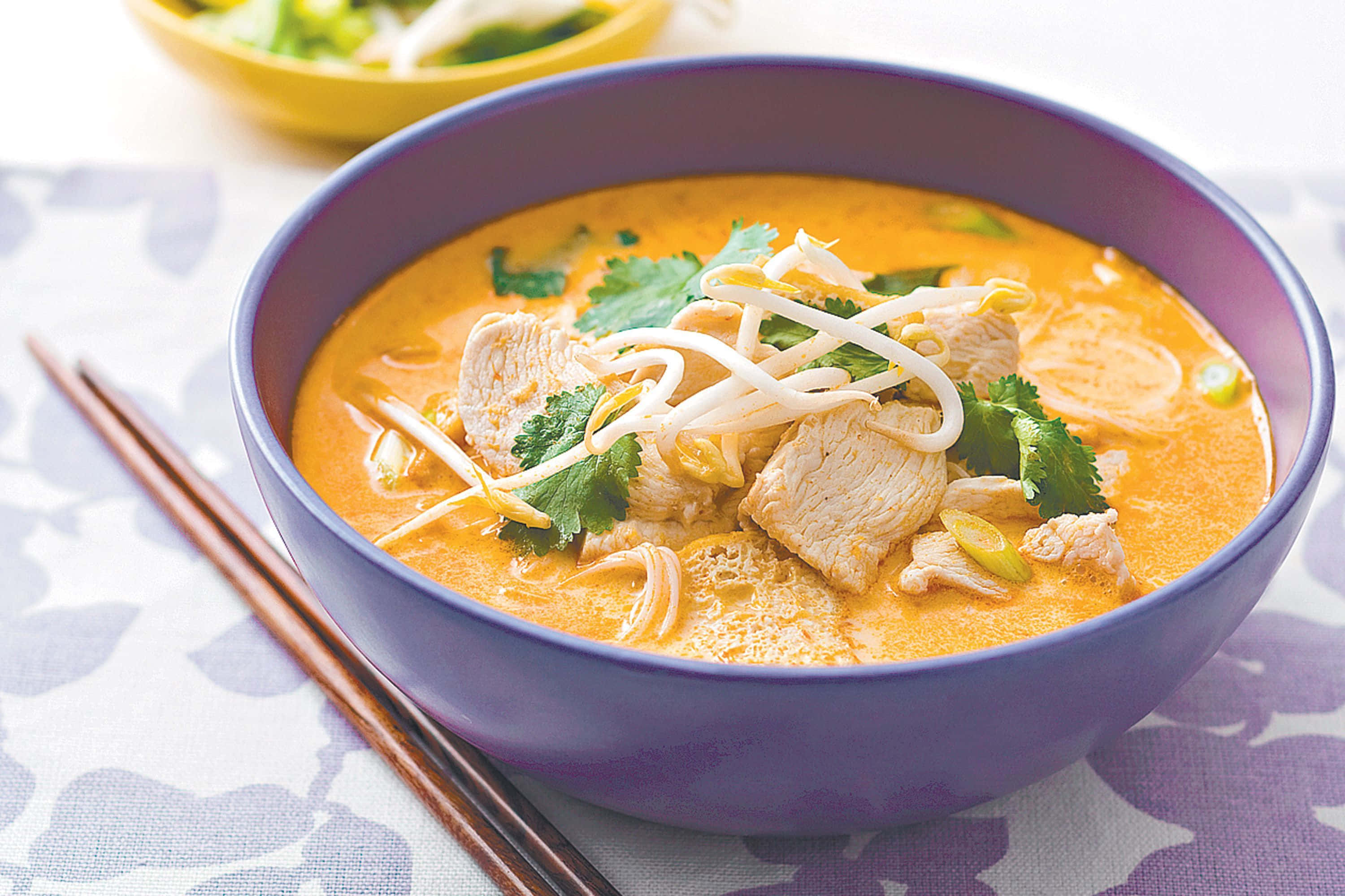 Curry Laksa, blue bowl, vibrant purple bowl, 2K Desktop Wallpaper