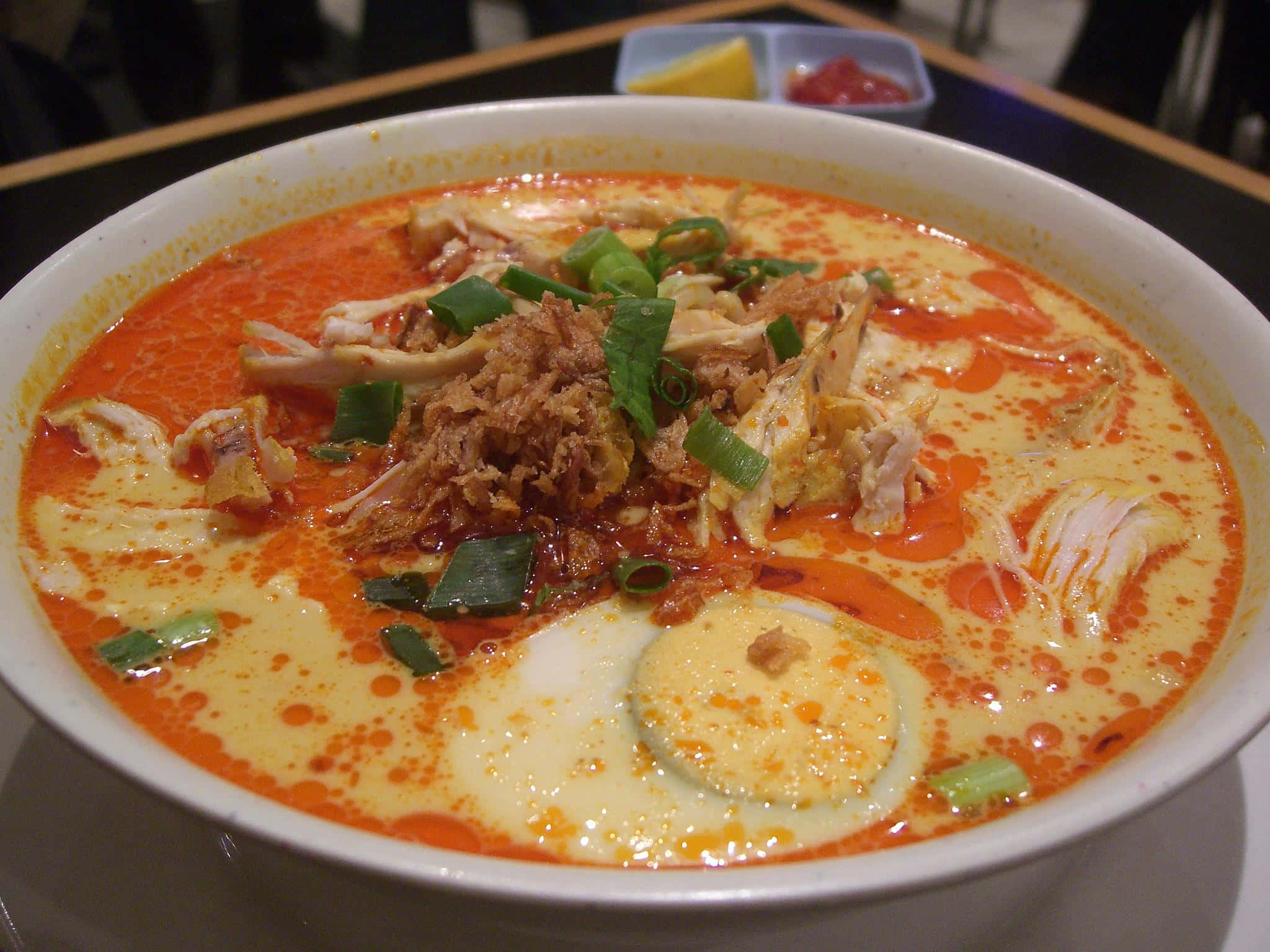 Curry Laksa, orange curry noodle soup, shredded chicken, Full HD Desktop Wallpaper