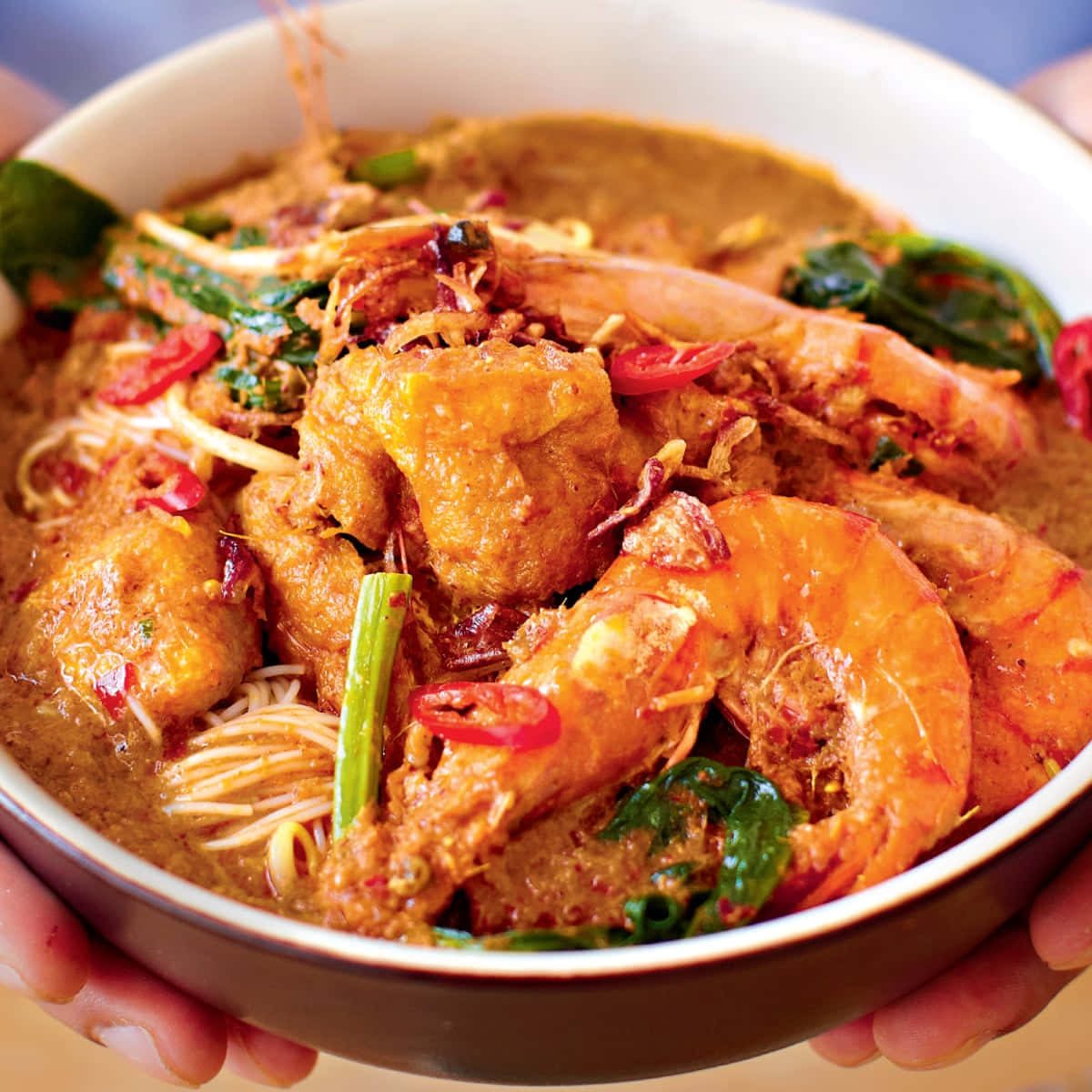 Curry Laksa, brown and white bowl, steaming bowl, SD Desktop Wallpaper
