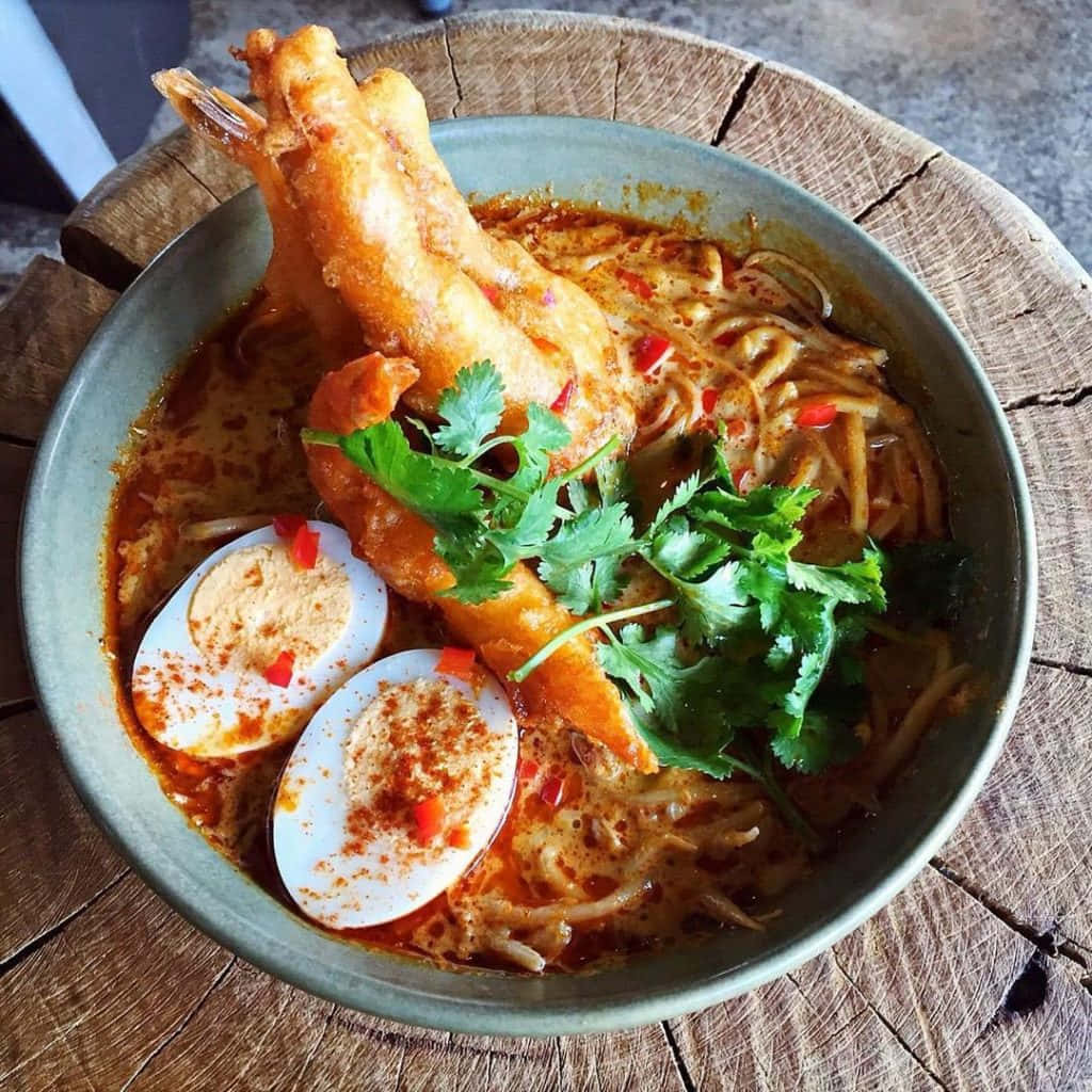 Curry Laksa, tempura, steaming bowl of spicy noodle soup, SD Desktop Wallpaper