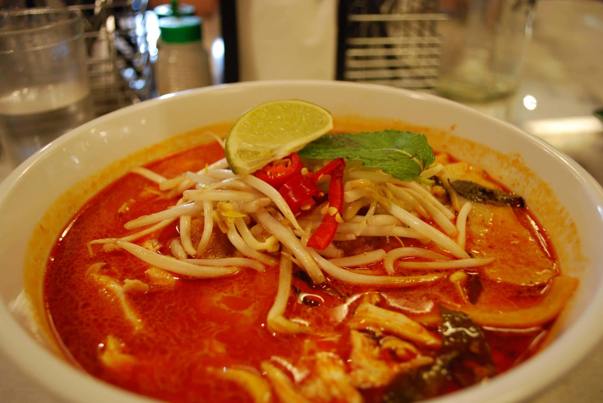 Curry Laksa, red soup, steaming bowl, Full HD Desktop Wallpaper