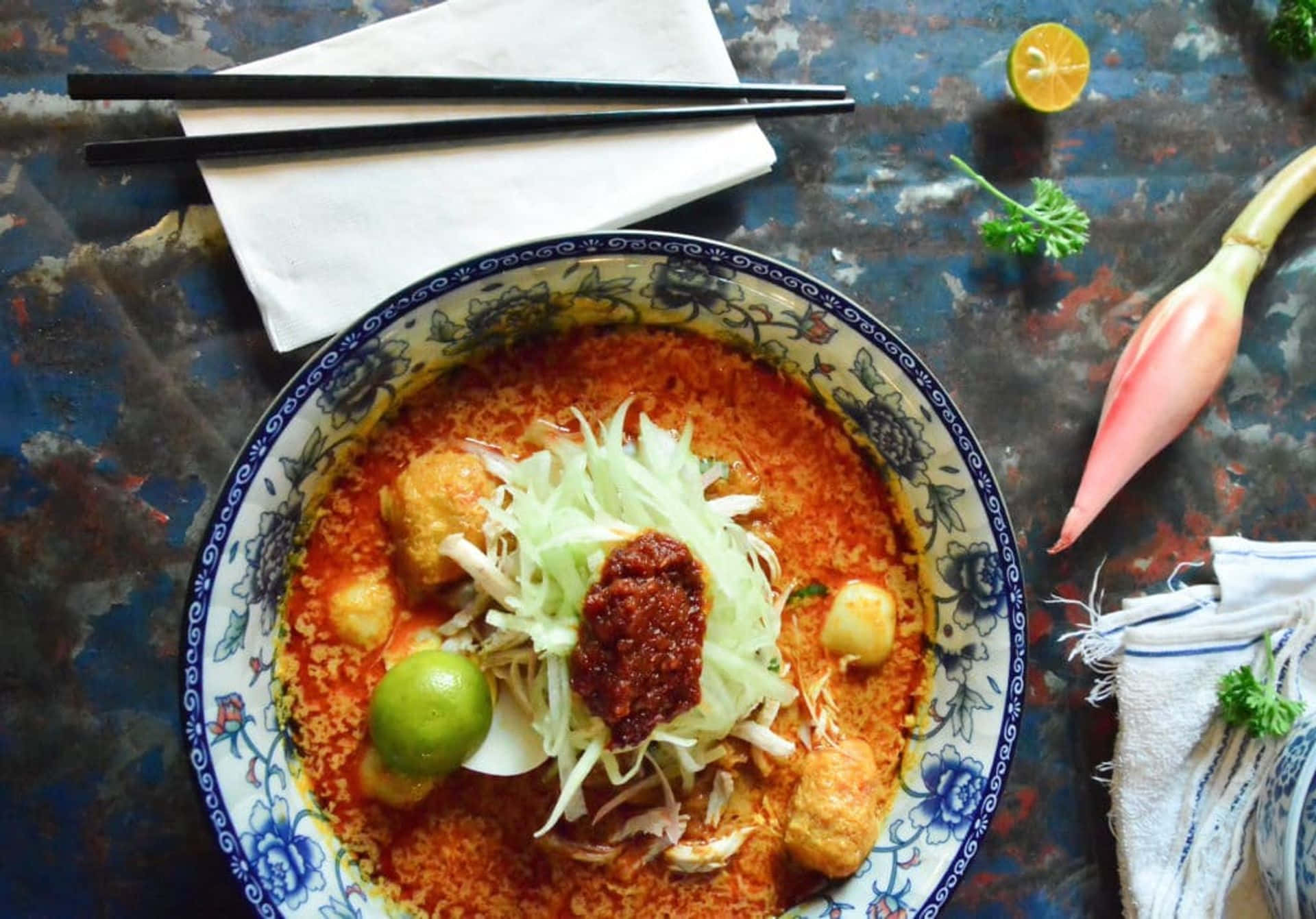 Curry Laksa, blue floral ceramic bowl, rustic blue patterned table, Full HD Desktop Wallpaper