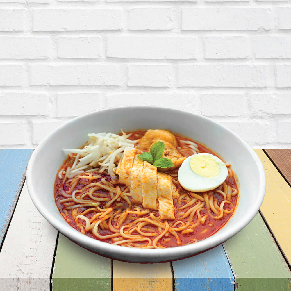 Curry Laksa, colorful wooden table, white brick wall, SD Desktop Wallpaper