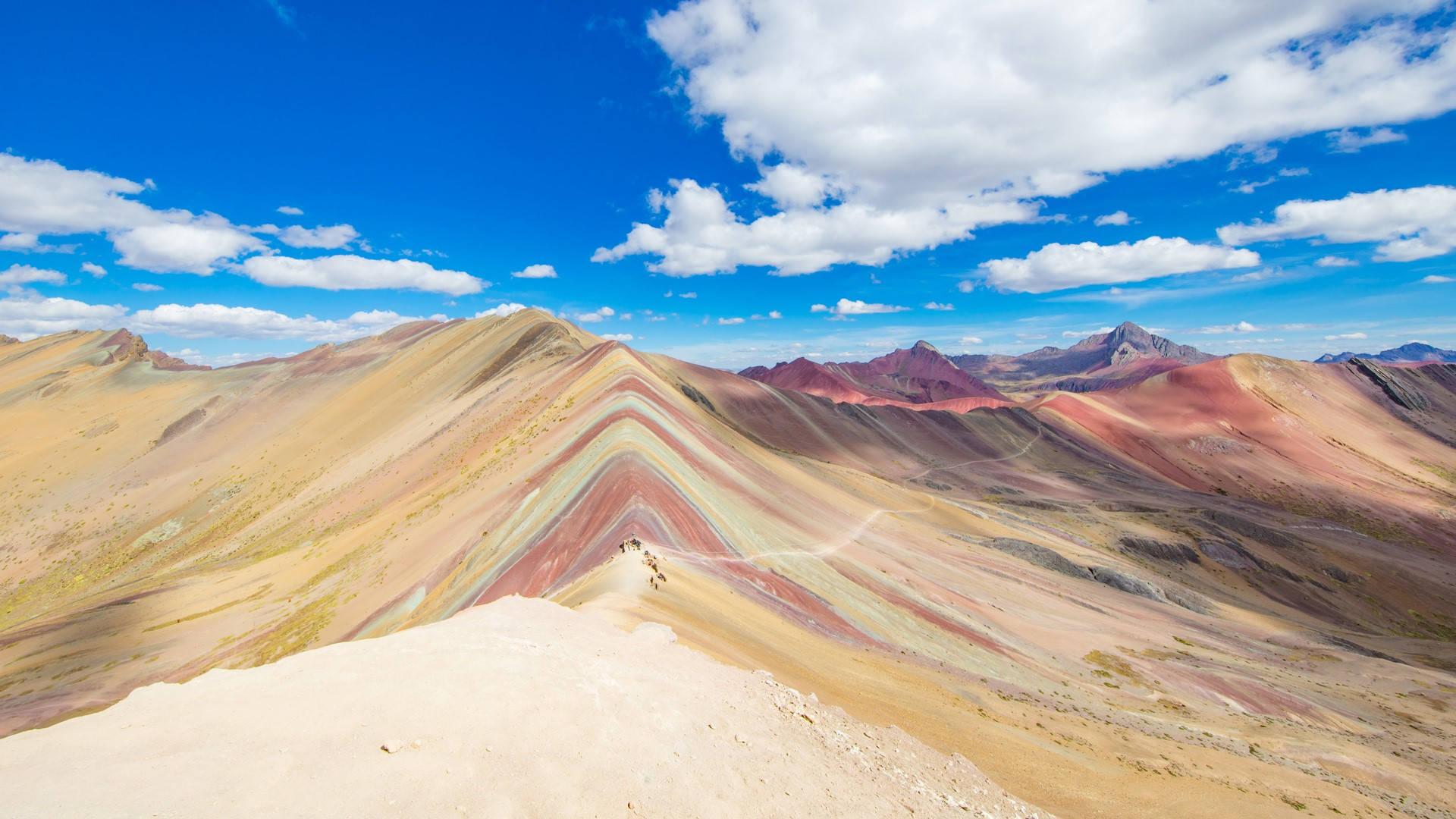 Rainbow Mountain Cusco Peru, blue sky, fluffy white clouds, Full HD Desktop Wallpaper