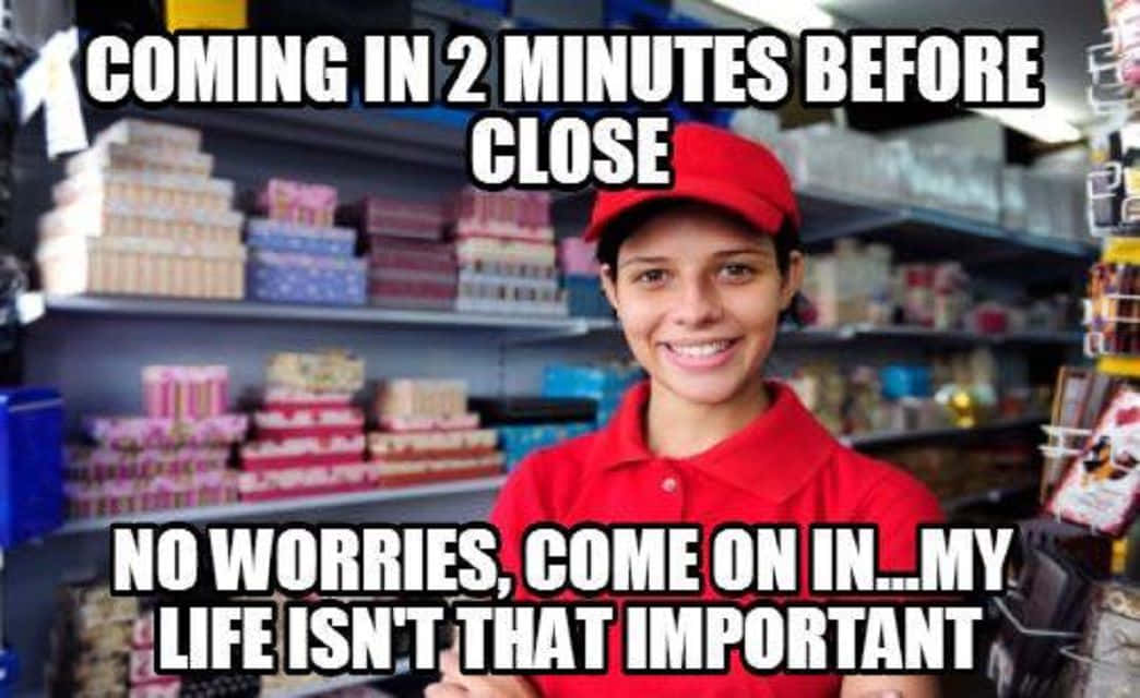 customer service memes, red uniform, shelves of cigarette boxes, SD Desktop Wallpaper