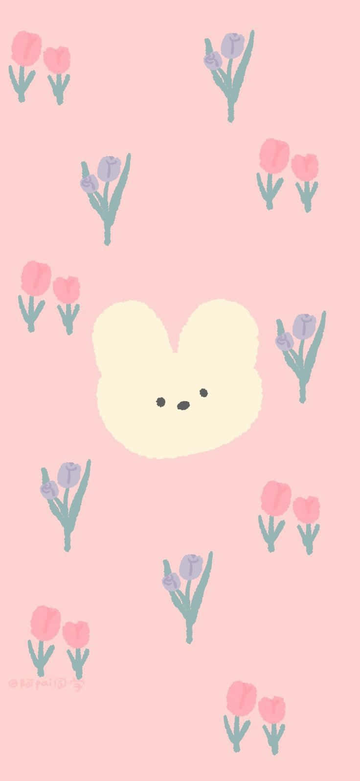 cream-colored bunny face, pink and purple tulips, soft pink background, HD Phone Wallpaper