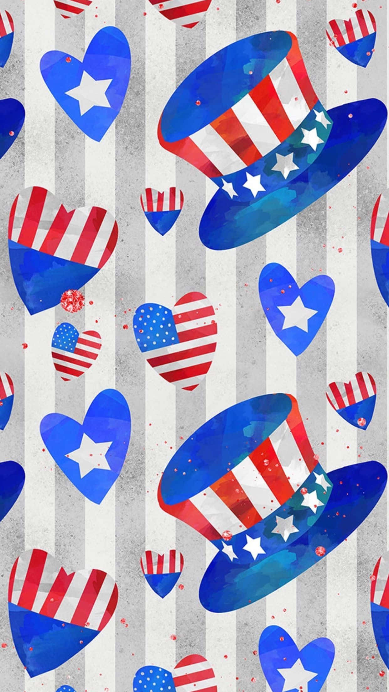 patriotic hearts and top hats pattern, watercolor, gray striped background, Full HD Phone Wallpaper