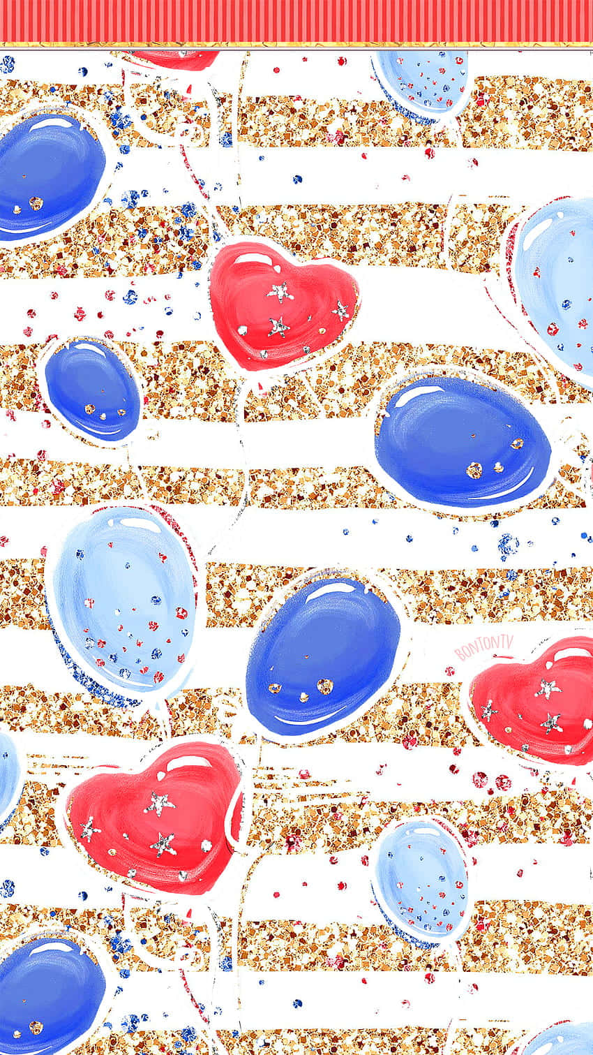 patriotic balloons and confetti pattern, red blue hearts and ovals, glittery gold stripes, HD Phone Wallpaper