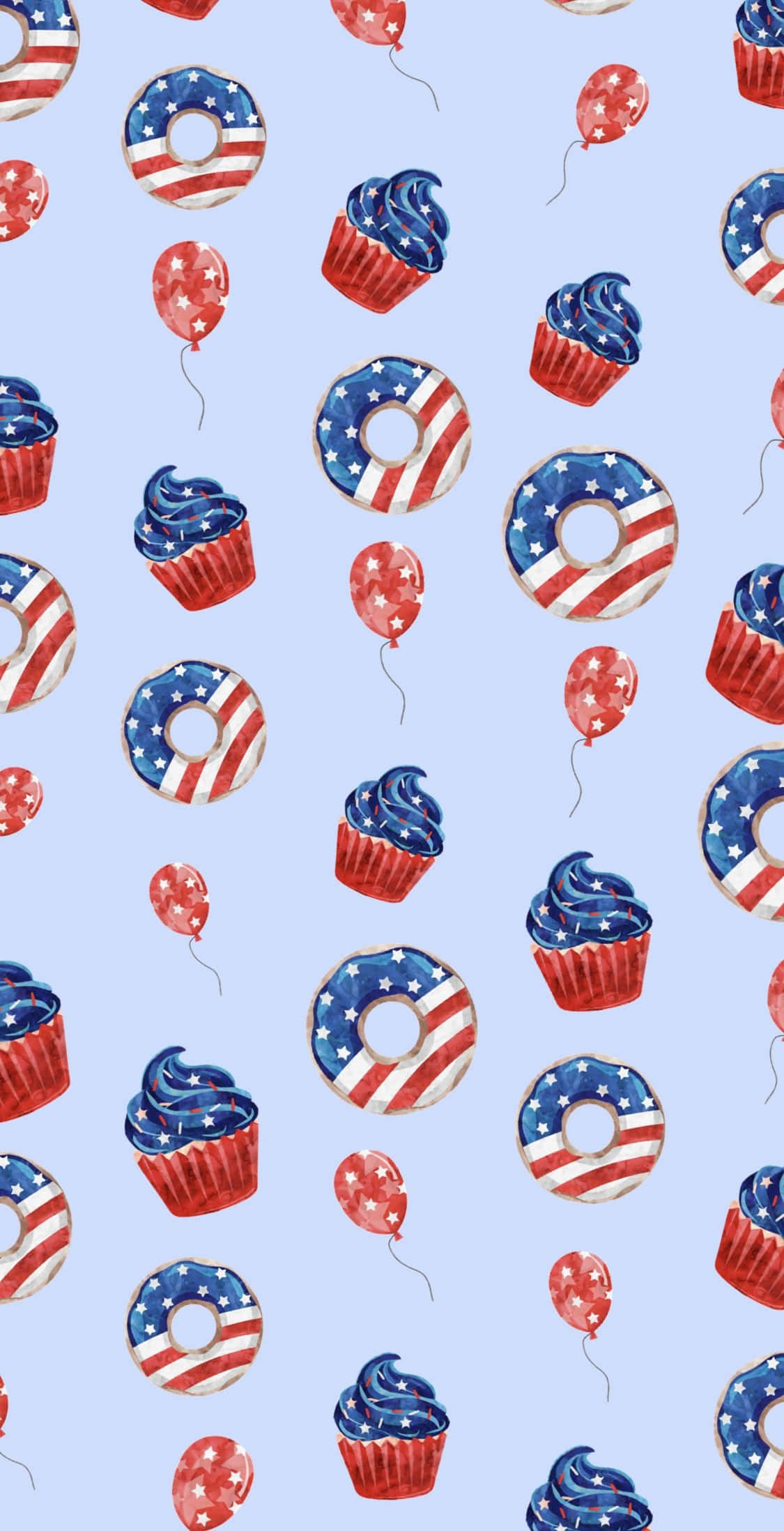 American flag-themed donuts, cupcakes, balloons, Full HD Phone Wallpaper
