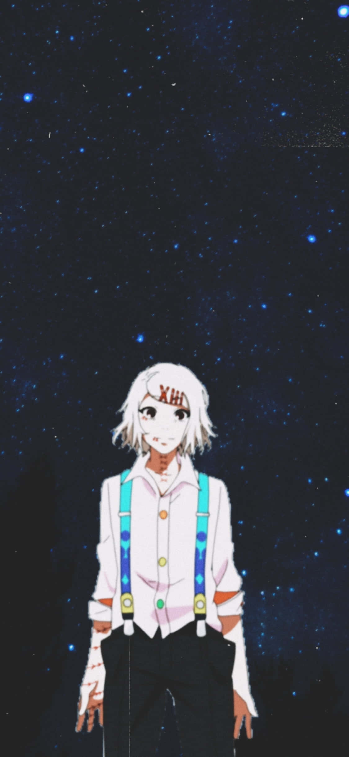 white-haired anime character, red markings, starry night sky, Full HD Phone Wallpaper