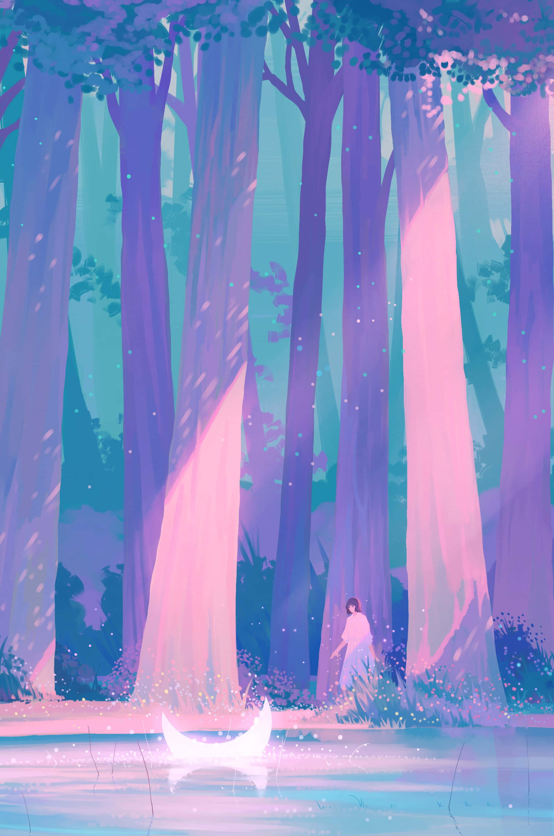 mystical forest, glowing pink and teal light, floating particles, 2K Phone Wallpaper