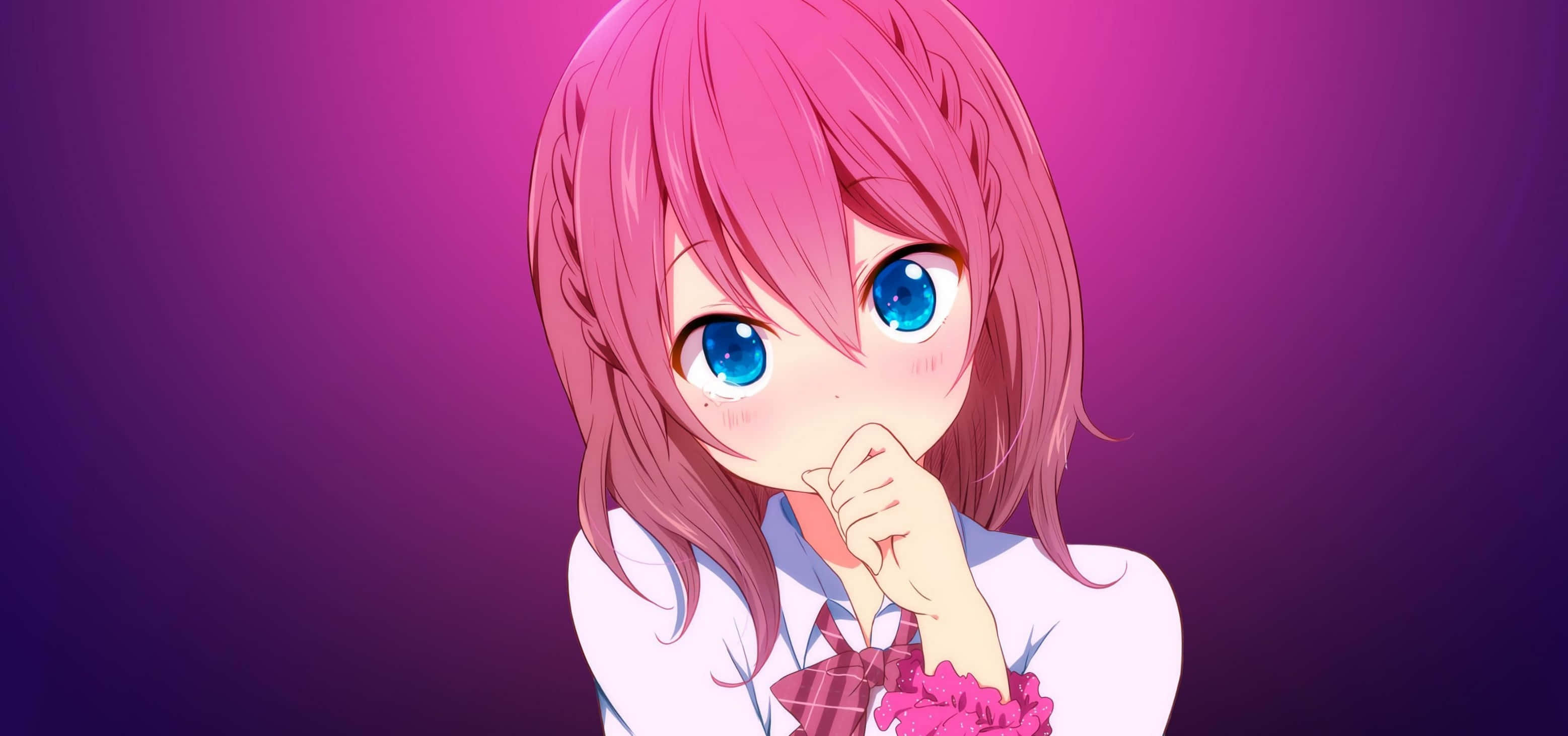 pink-haired anime girl, blue eyes, gradient purple background, 2K Desktop Wallpaper