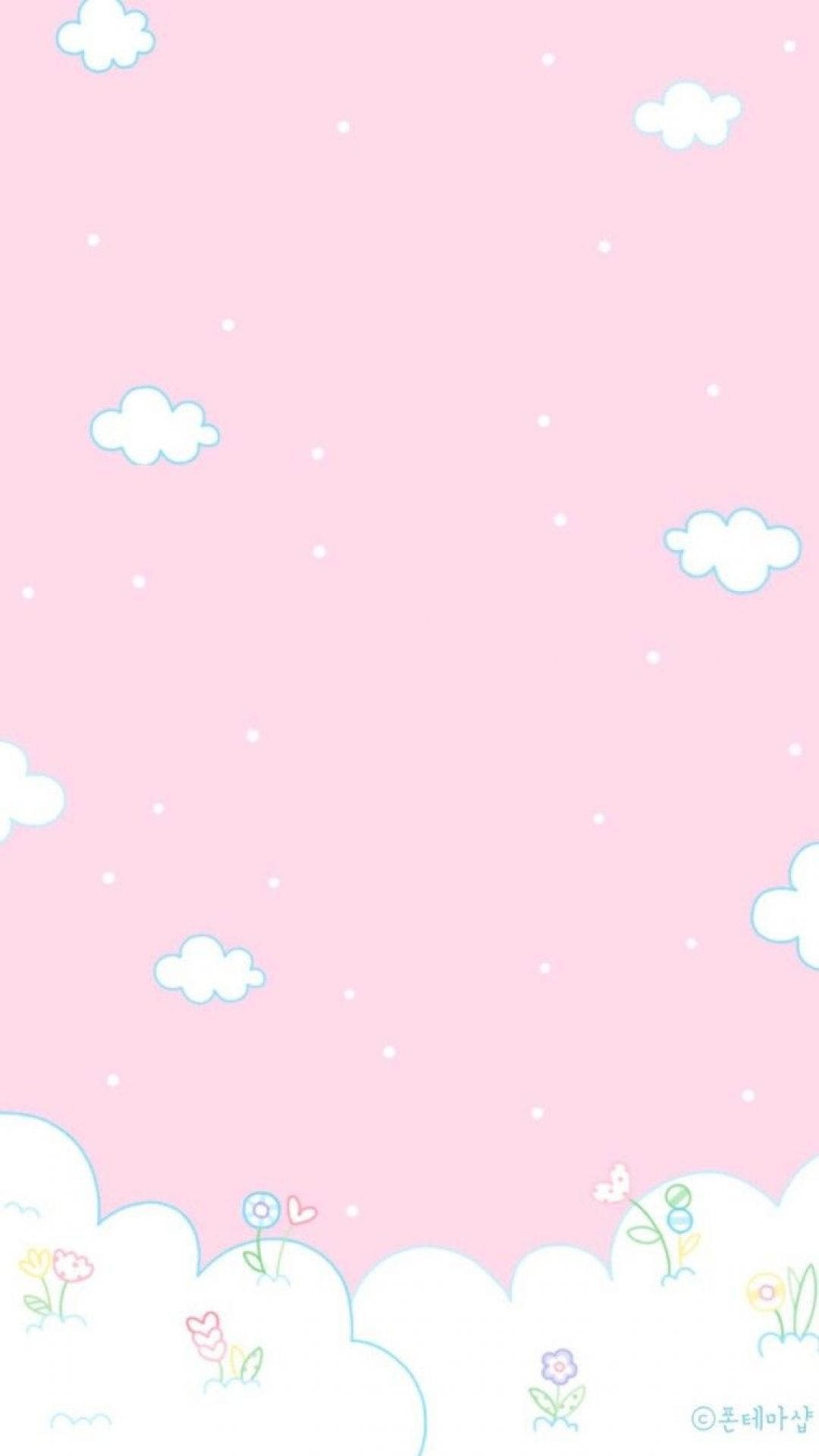 soft pink sky, fluffy white clouds, tiny flowers, HD Phone Wallpaper