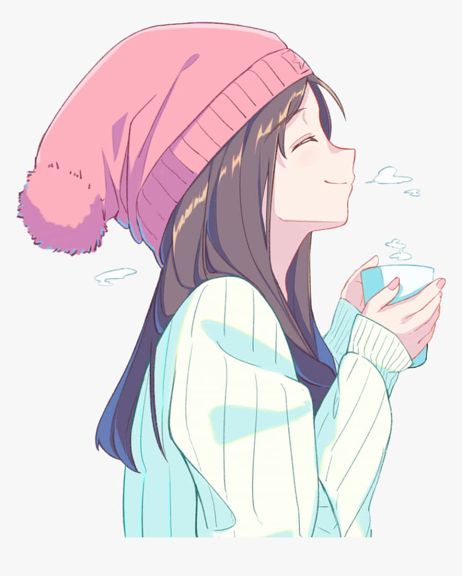girly cute anime, pink beanie, light blue sweater, SD Phone Wallpaper