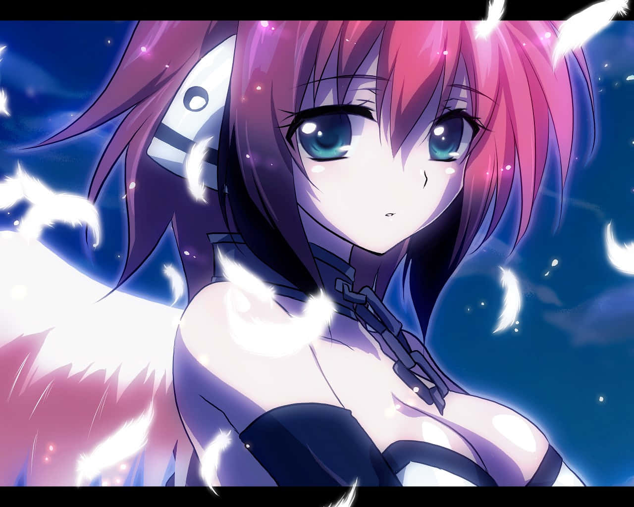 pink-haired anime girl, glowing blue eyes, white feather-like wings, HD Desktop Wallpaper
