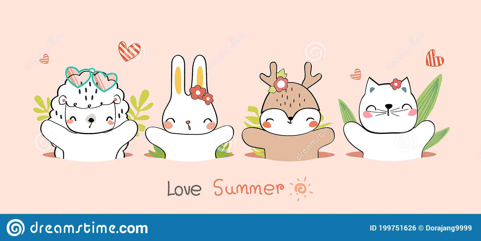 cute animal anime character, four cute cartoon animals, peeking from behind leaves, HD Desktop Wallpaper