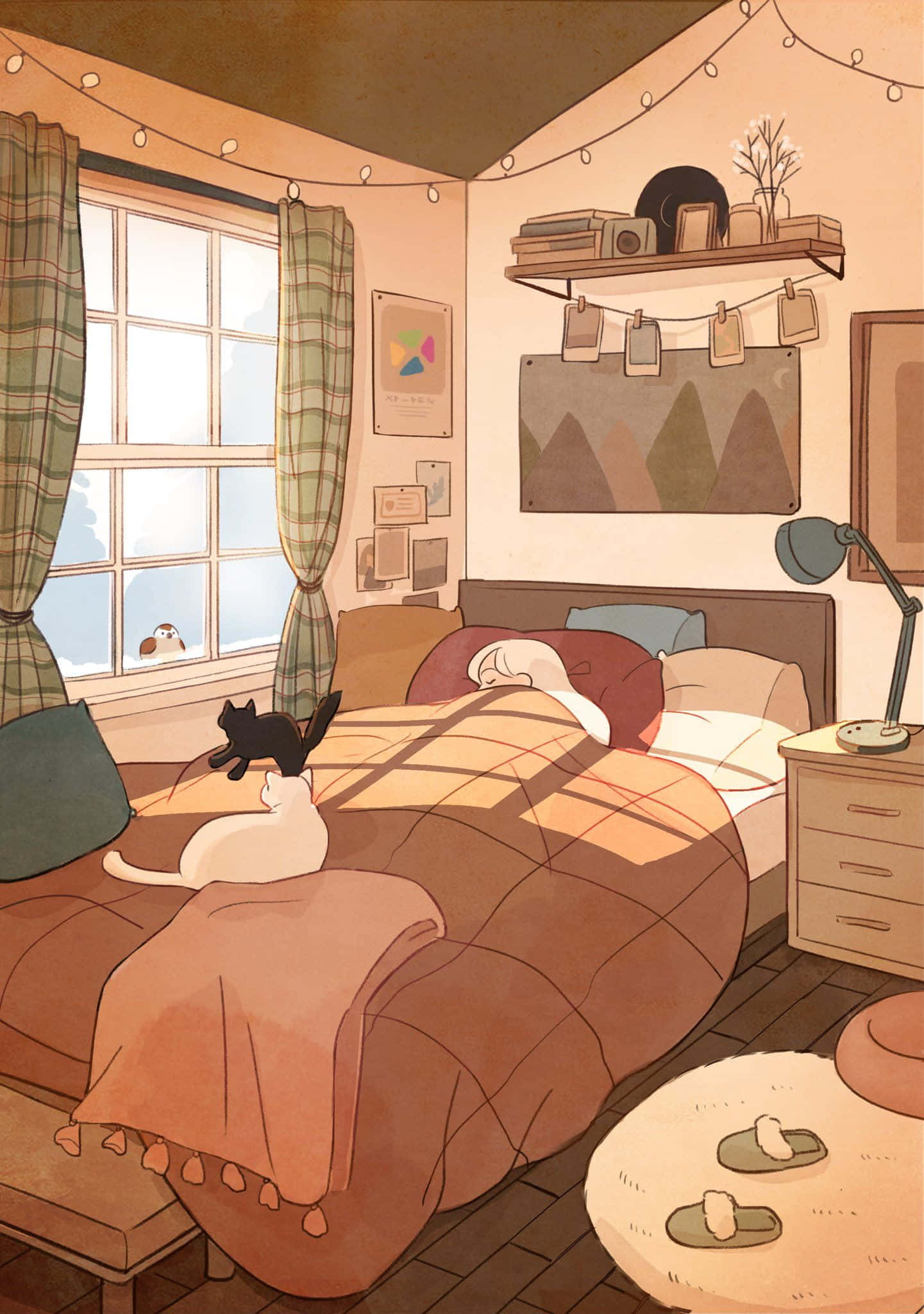 cute aesthetic anime, anime-styled girl, sunlit bed, Full HD Phone Wallpaper