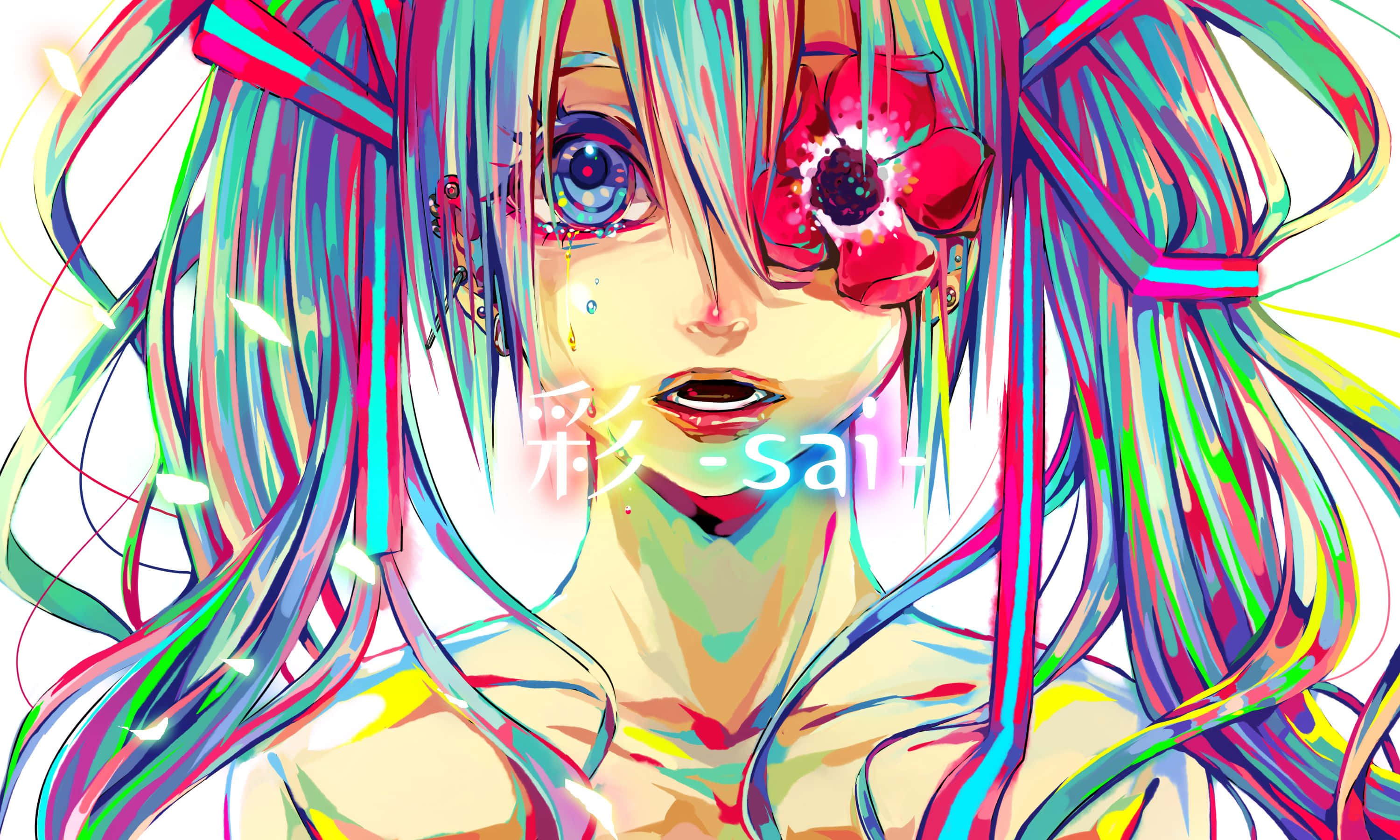 vibrant anime girl, multicolored hair, red flower, 2K Desktop Wallpaper