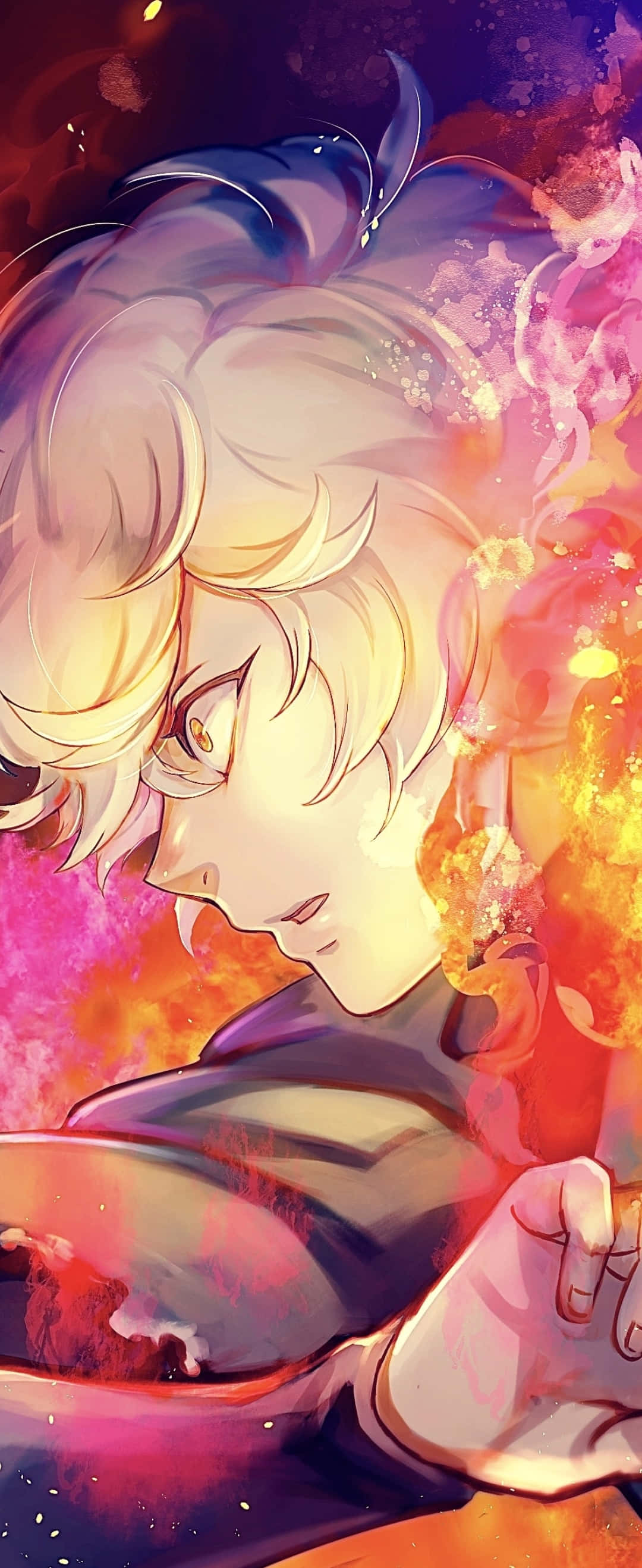 vibrant anime character art, golden hair, fiery aura, 2K Phone Wallpaper