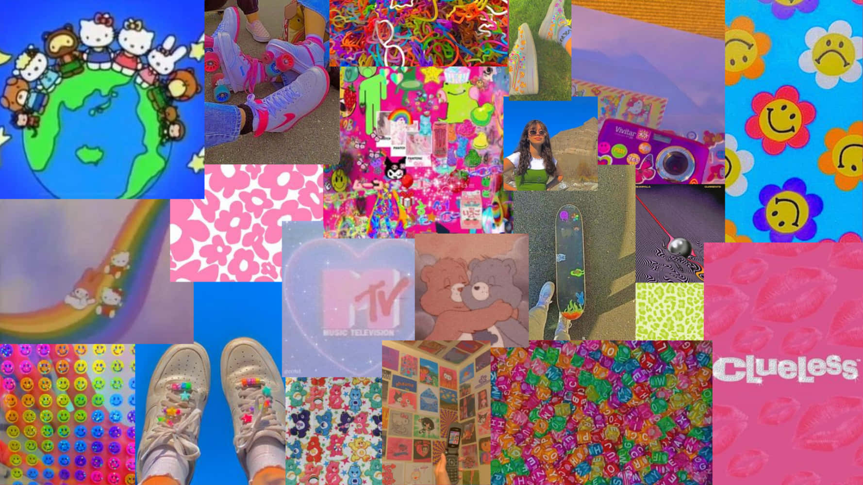 indie aesthetic desktop, cartoon characters, neon colors, HD Desktop Wallpaper