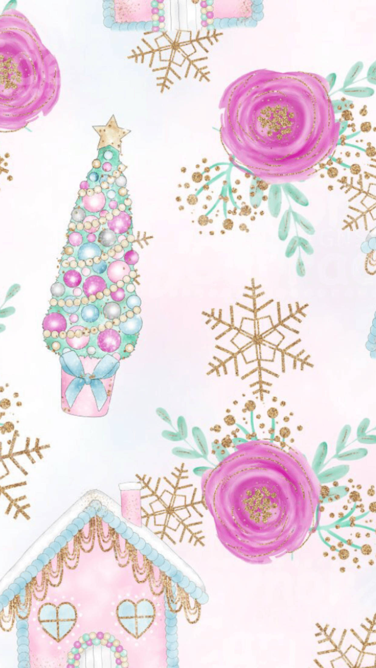 pink roses, gold snowflakes, decorated Christmas tree, Full HD Phone Wallpaper