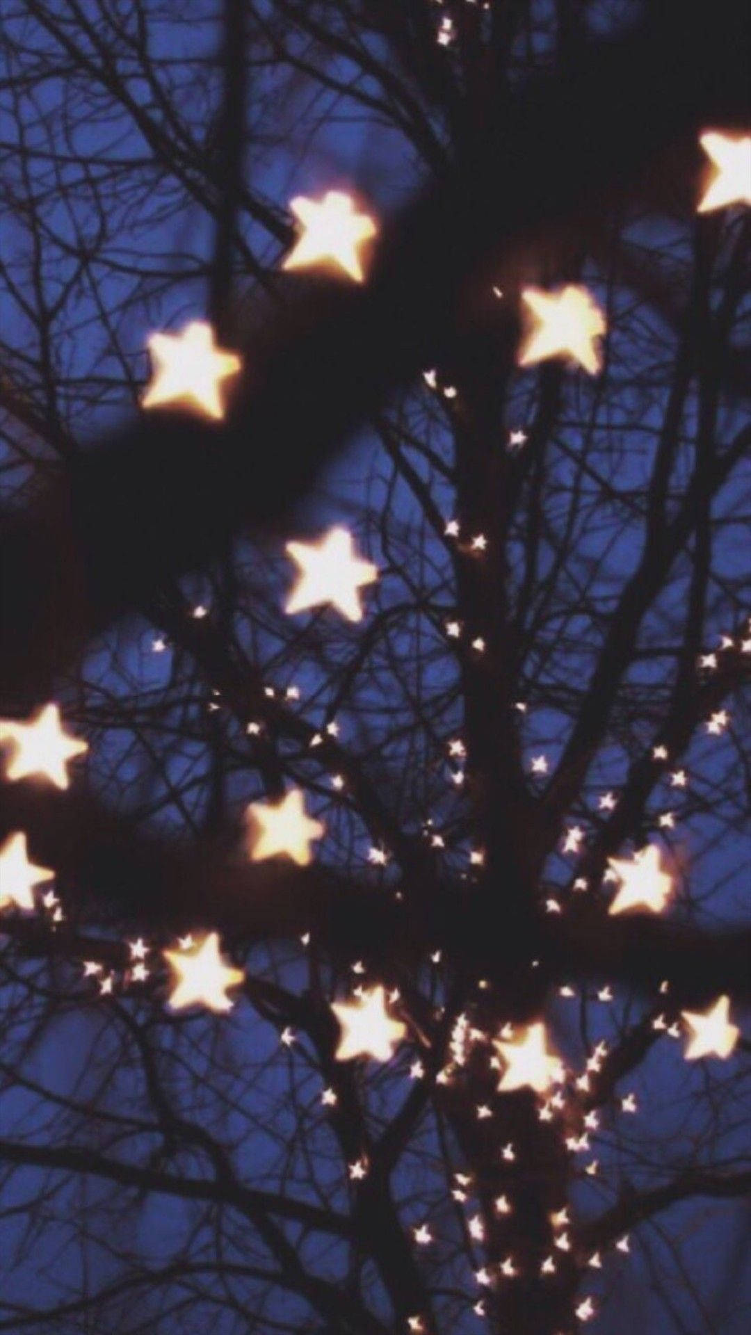 cute aesthetic christmas lantern, star-shaped lights, deep blue twilight sky, Full HD Phone Wallpaper
