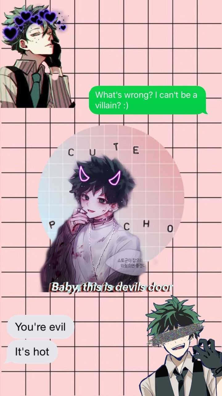 Cute Aesthetic Deku, pink grid background, devil horns, HD Phone Wallpaper