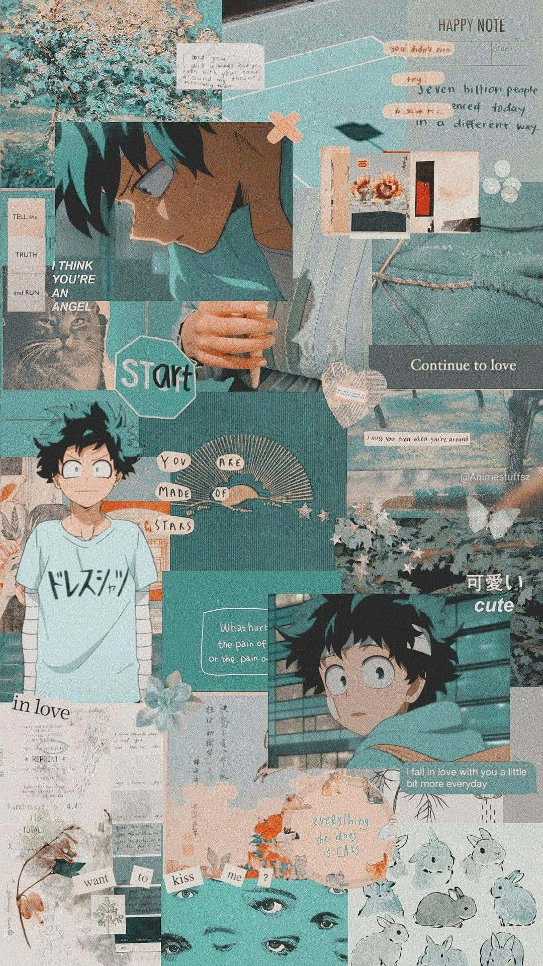 Cute Aesthetic Deku, teal-toned, anime collage, Full HD Phone Wallpaper